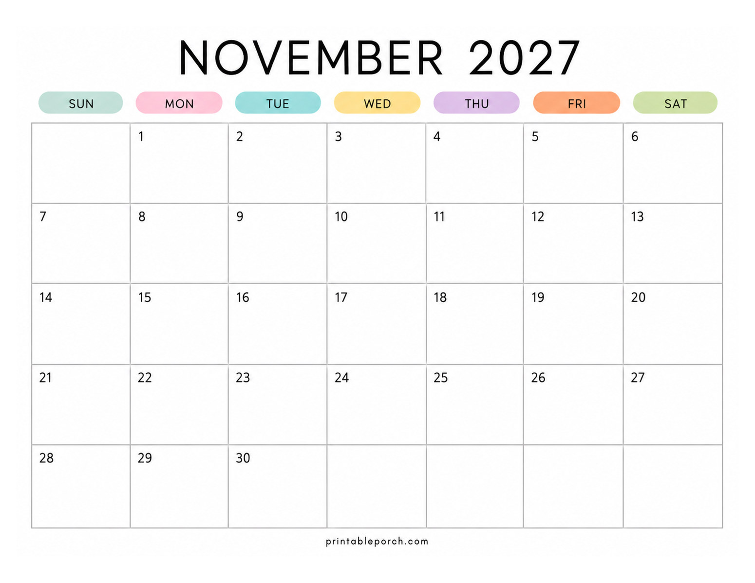 Pastel Rainbow November 2027 Calendar