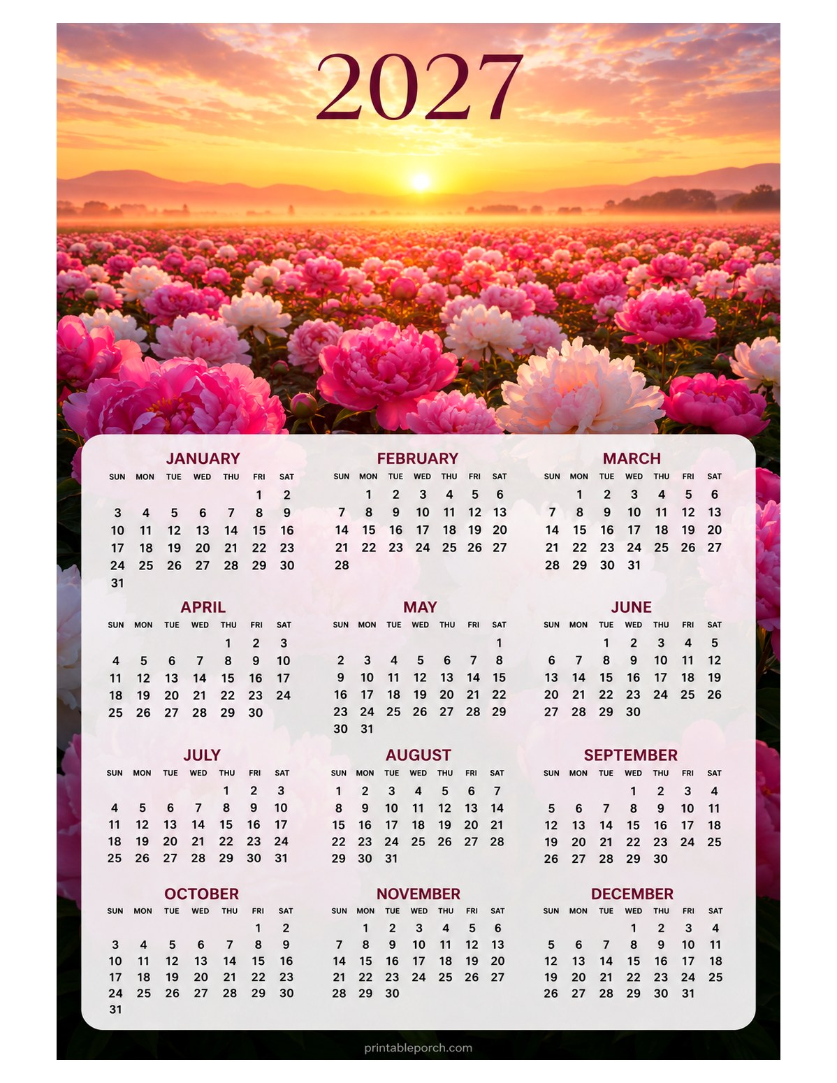 Peony 2027 Yearly Calendar - Peony Fields at Dawn
