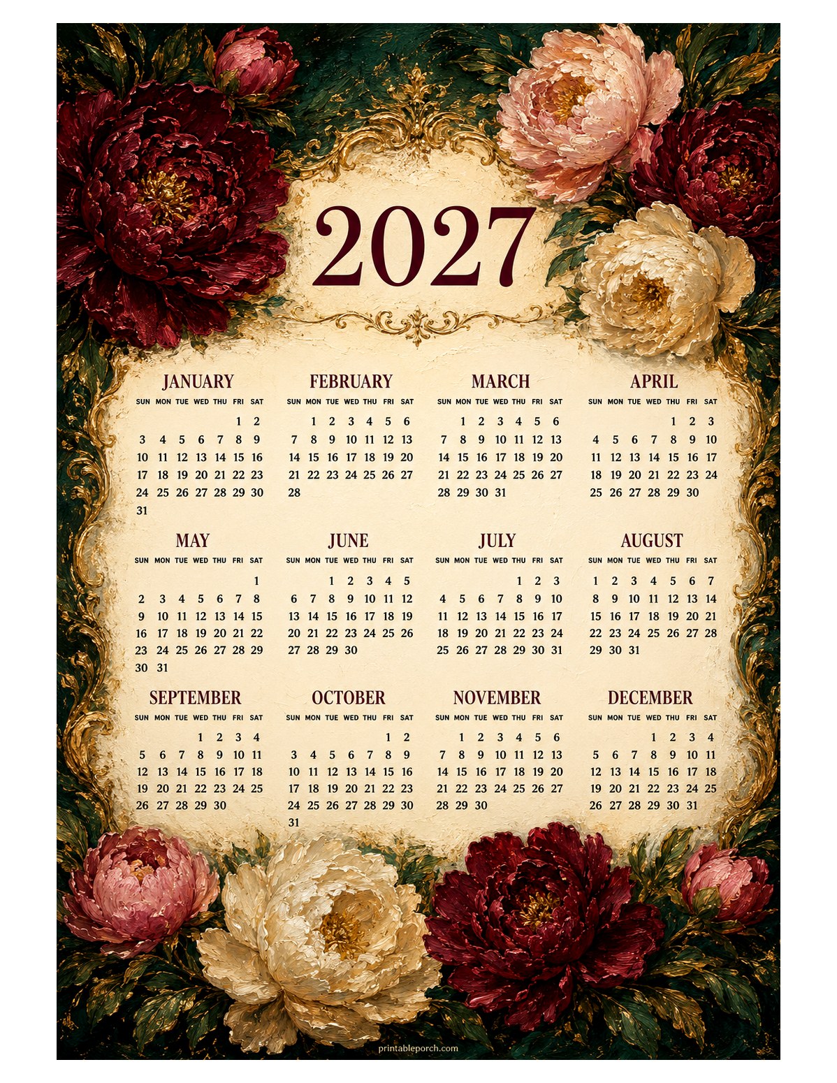Peony 2027 Yearly Calendar - Gilded Frame