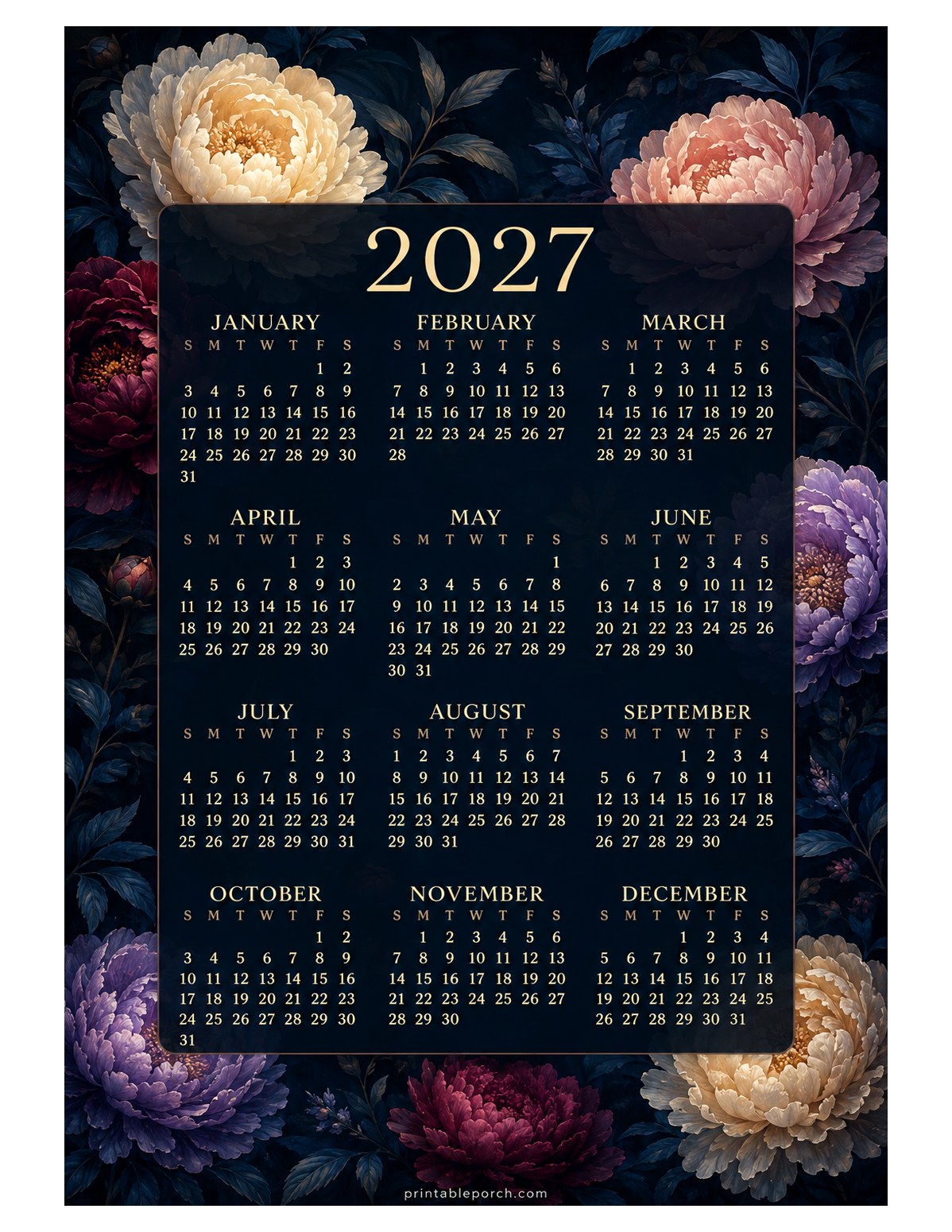 Peony 2027 Yearly Calendar - Midnight Garden