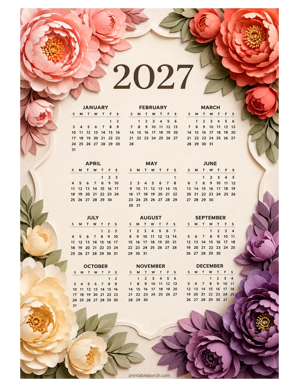 Peony 2027 Yearly Calendar - Paper Peonies