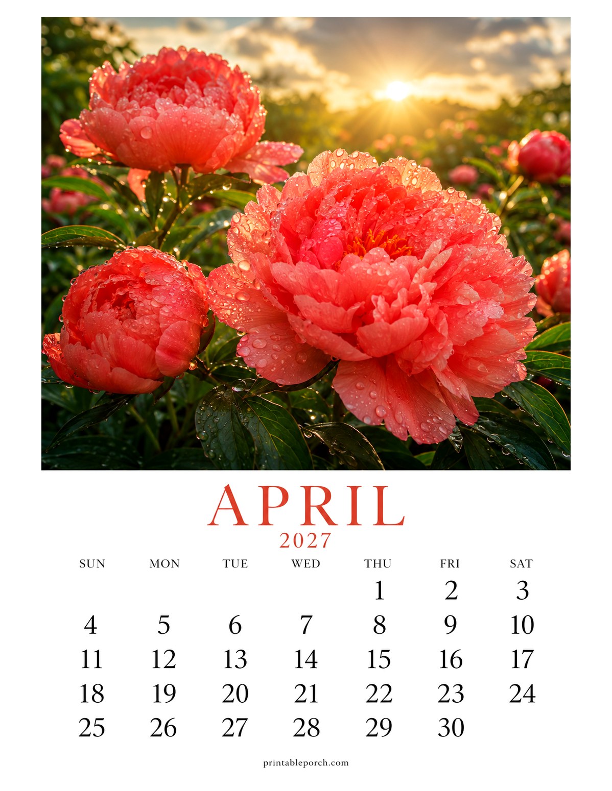 Peony April 2027 Calendar - The Peony Year