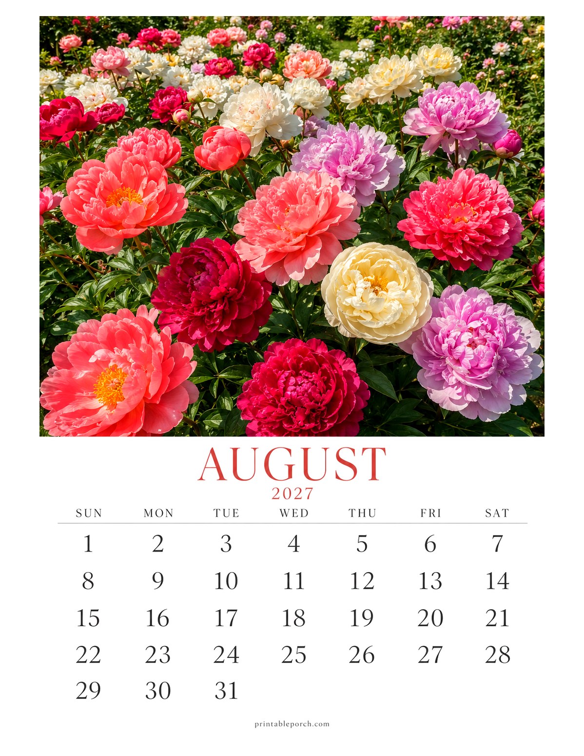 Peony August 2027 Calendar - The Peony Year