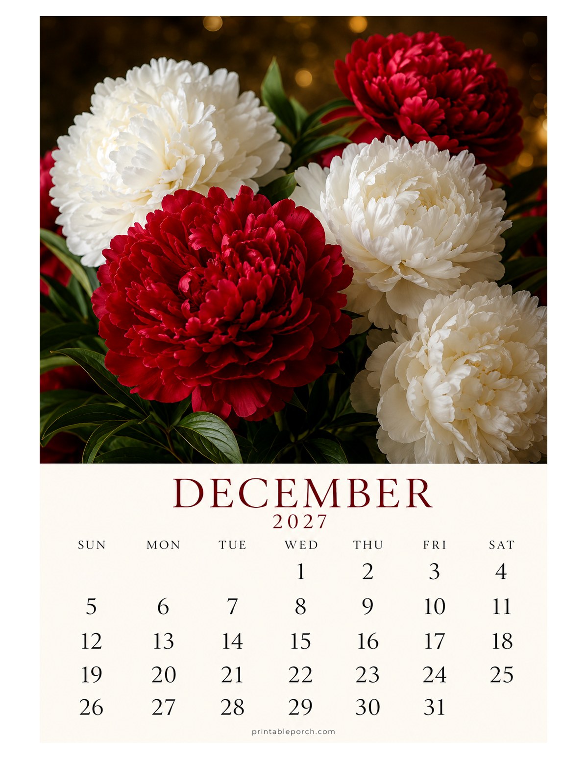 Peony December 2027 Calendar - The Peony Year