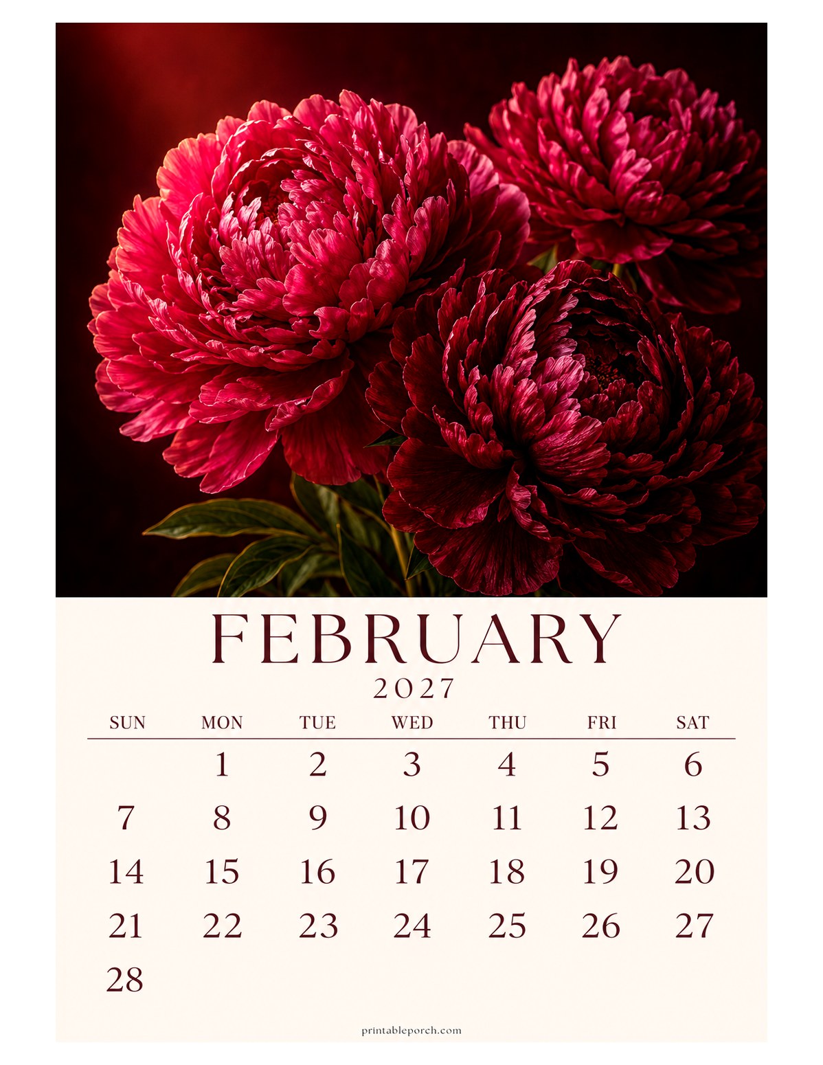 Peony February 2027 Calendar - The Peony Year