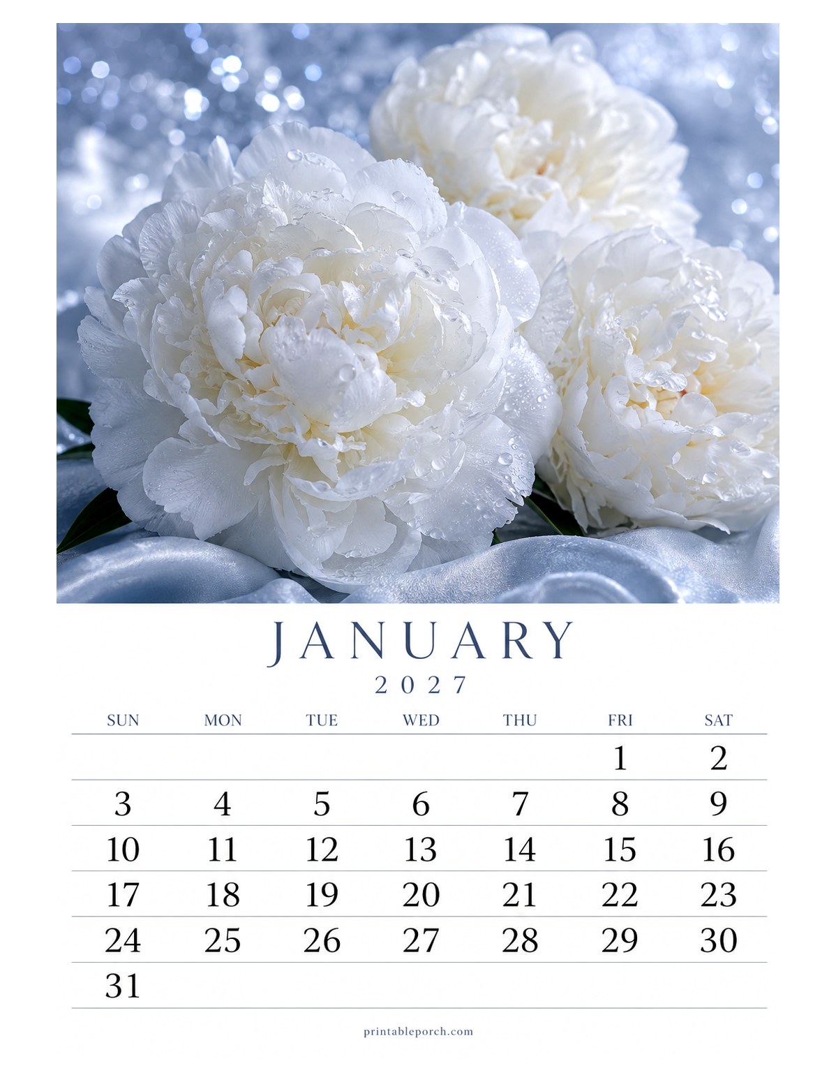 Peony January 2027 Calendar - The Peony Year