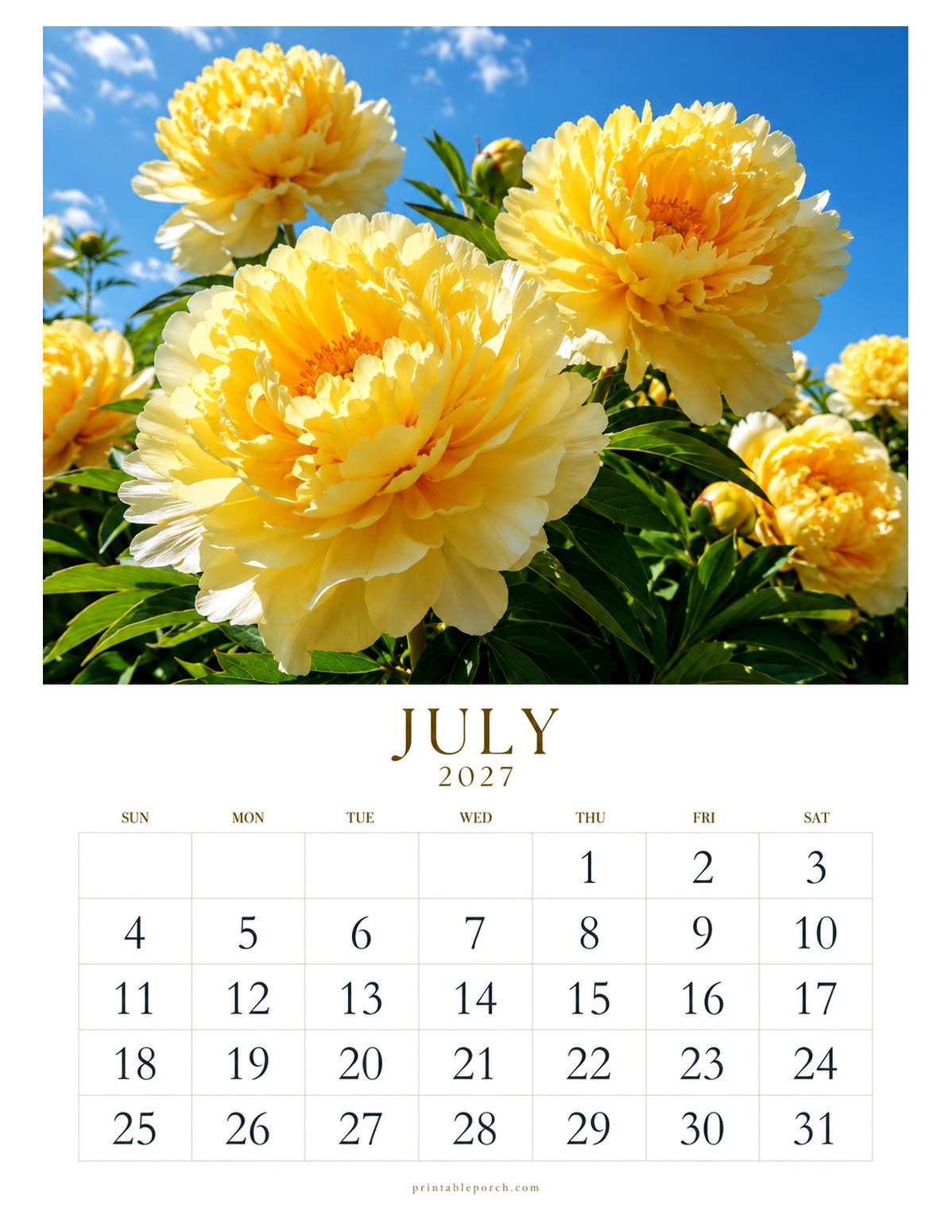 Peony July 2027 Calendar - The Peony Year