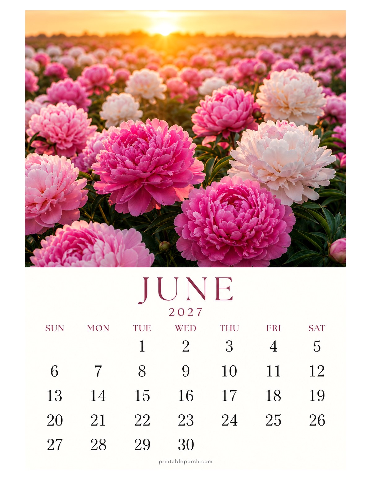 Peony June 2027 Calendar - The Peony Year