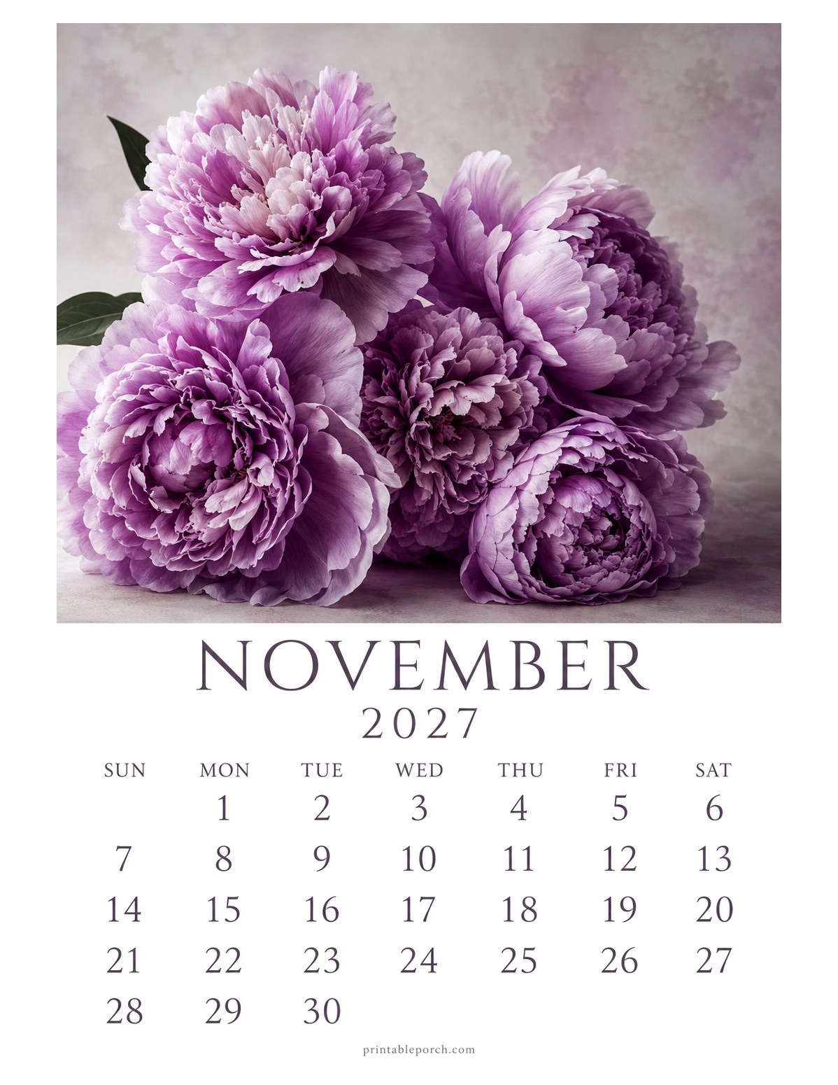 Peony November 2027 Calendar - The Peony Year