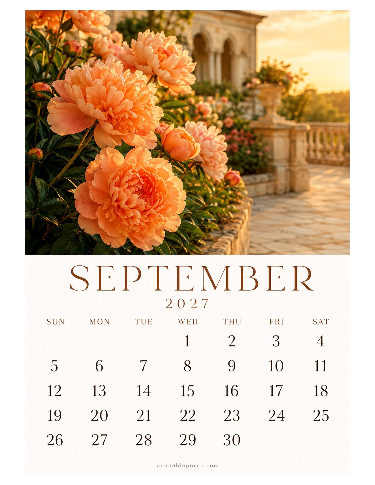 Peony September 2027 Calendar - The Peony Year