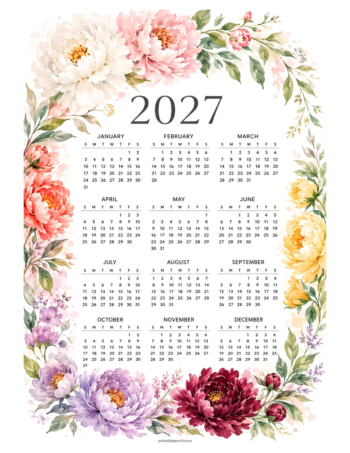 Peony 2027 Yearly Calendar - Watercolor Garland