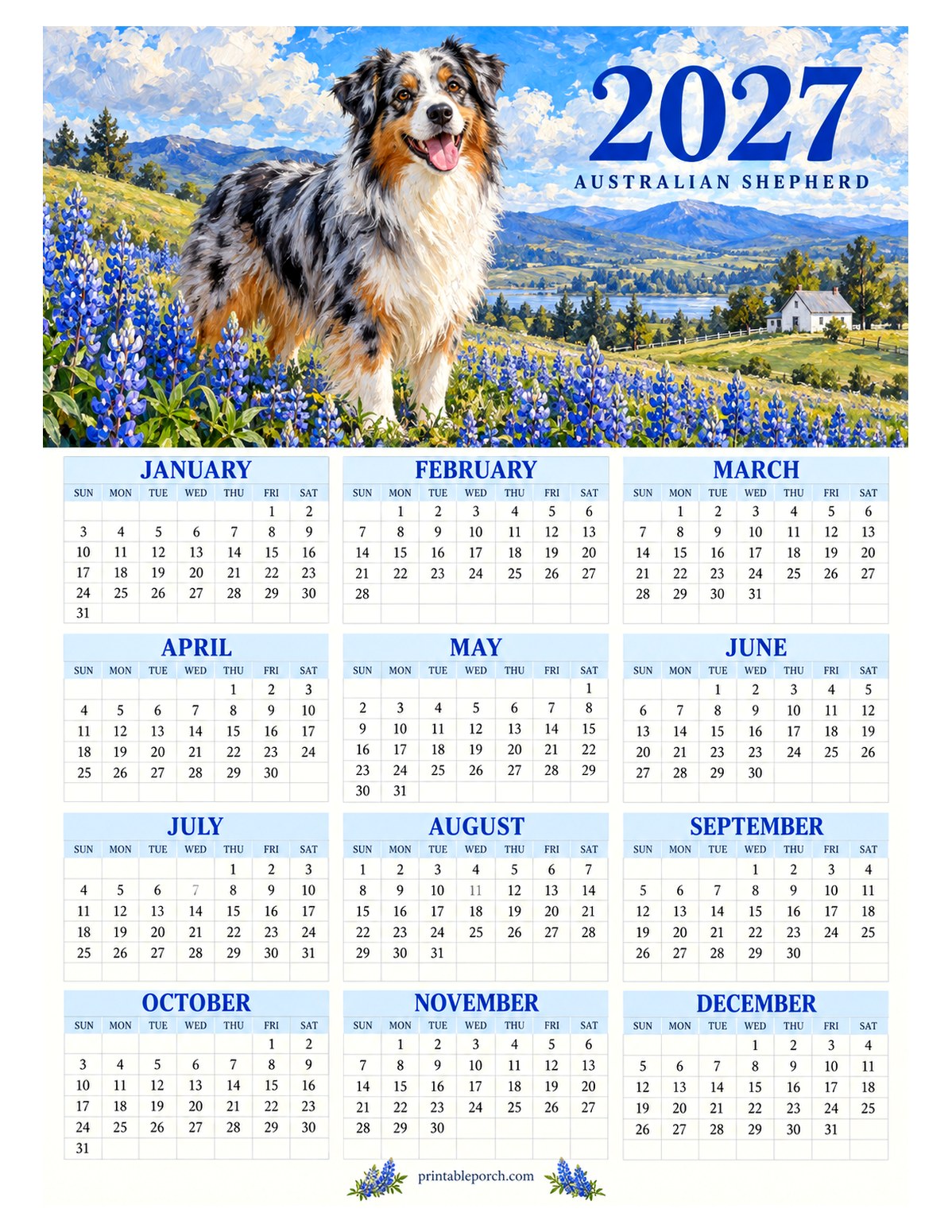 Pet 2027 Yearly Calendar - Bluebonnet Aussie
