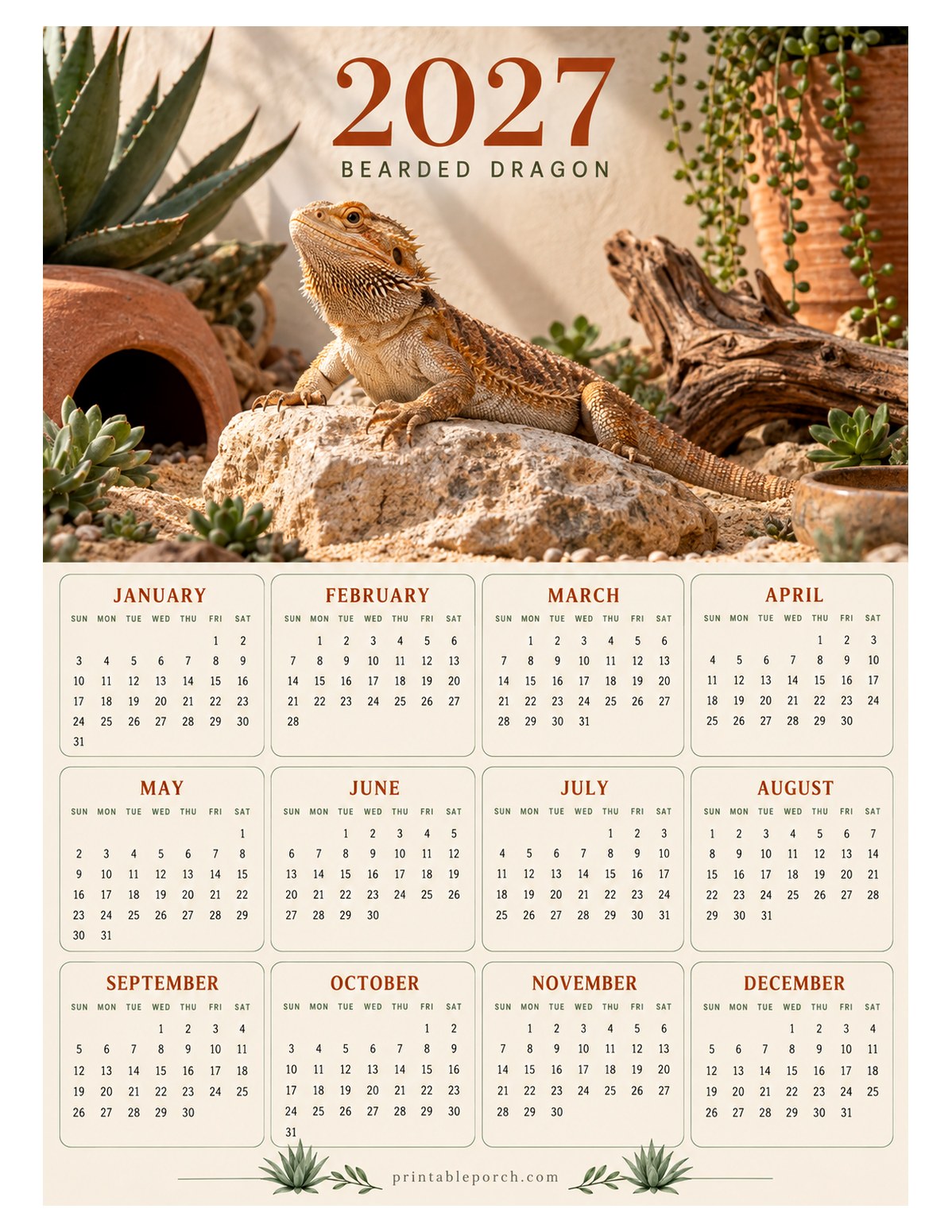 Pet 2027 Yearly Calendar - Desert Bearded Dragon