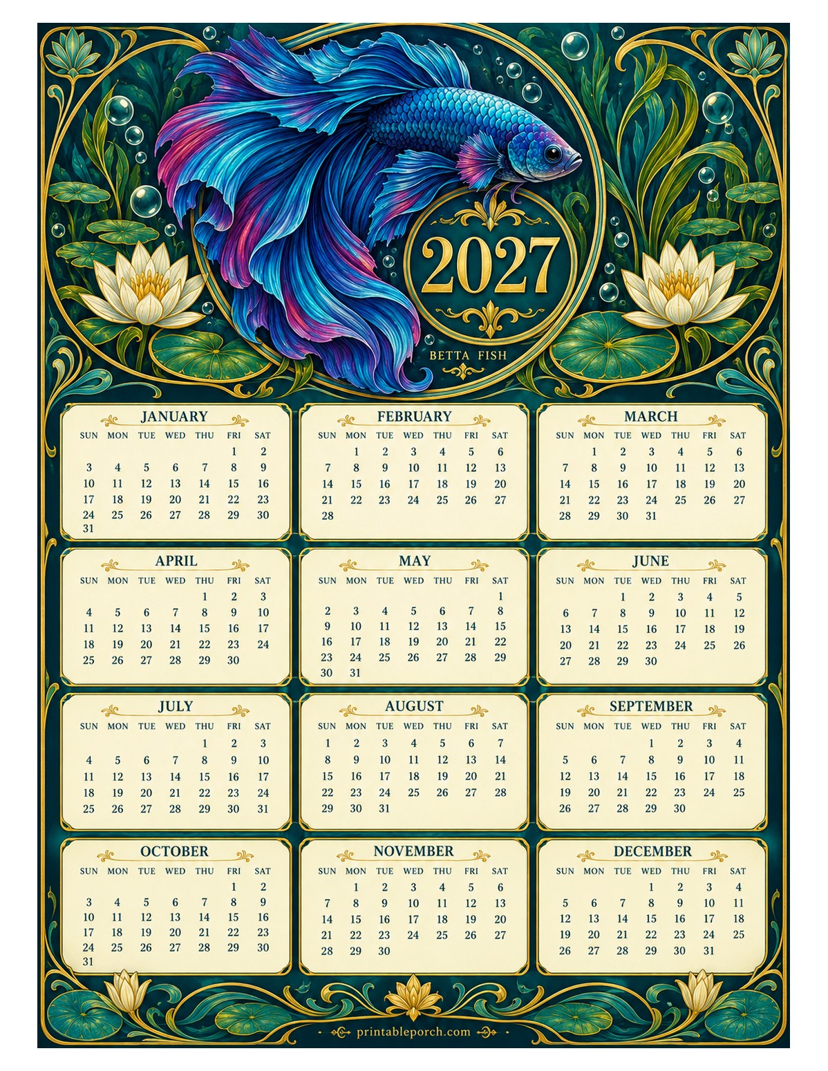 Pet 2027 Yearly Calendar - Art Nouveau Betta