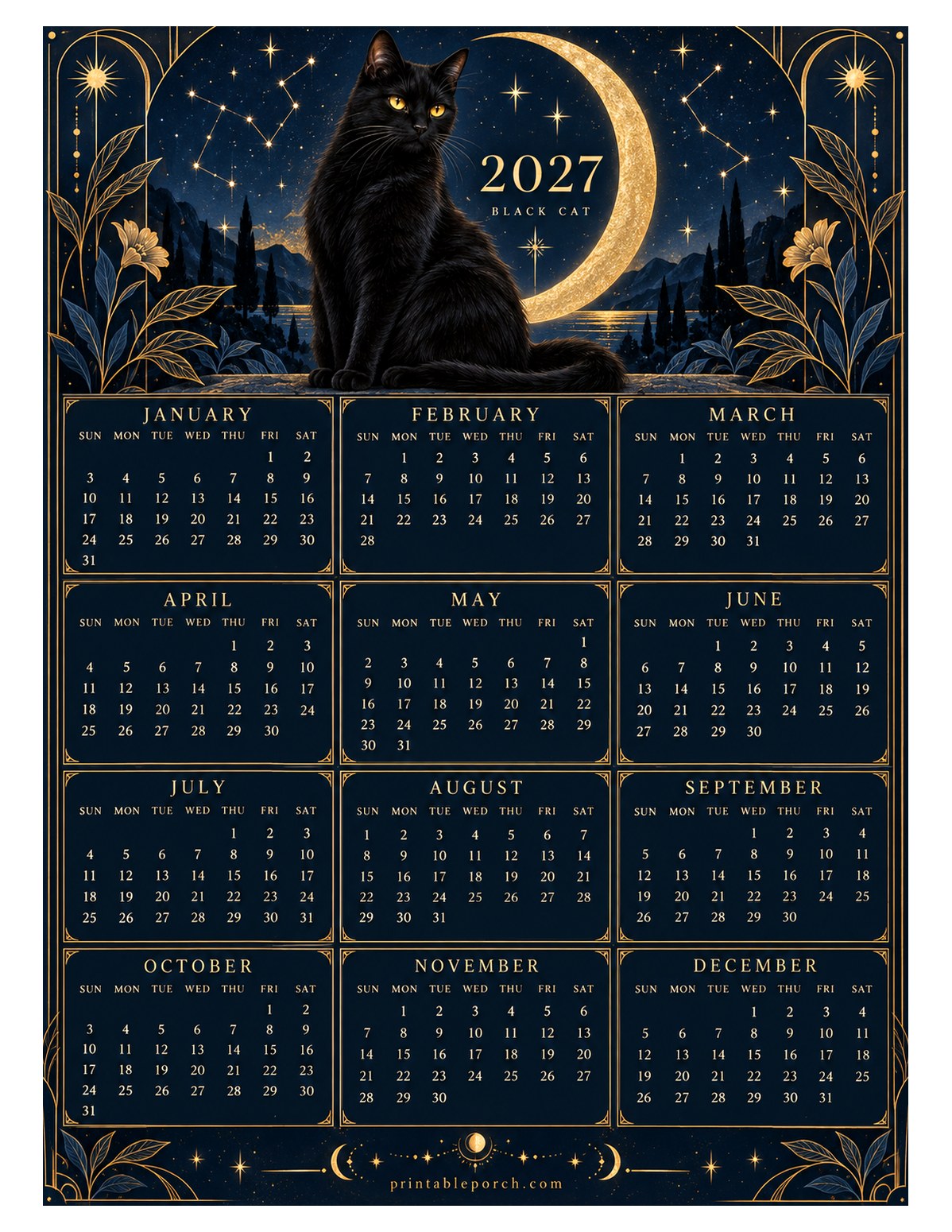 Pet 2027 Yearly Calendar - Moonlit Black Cat