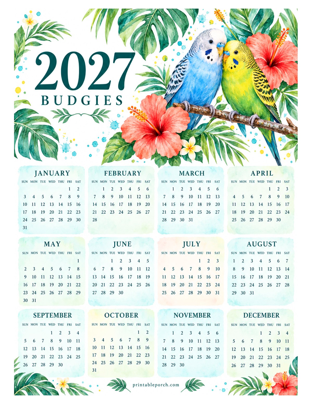 Pet 2027 Yearly Calendar - Tropical Budgies