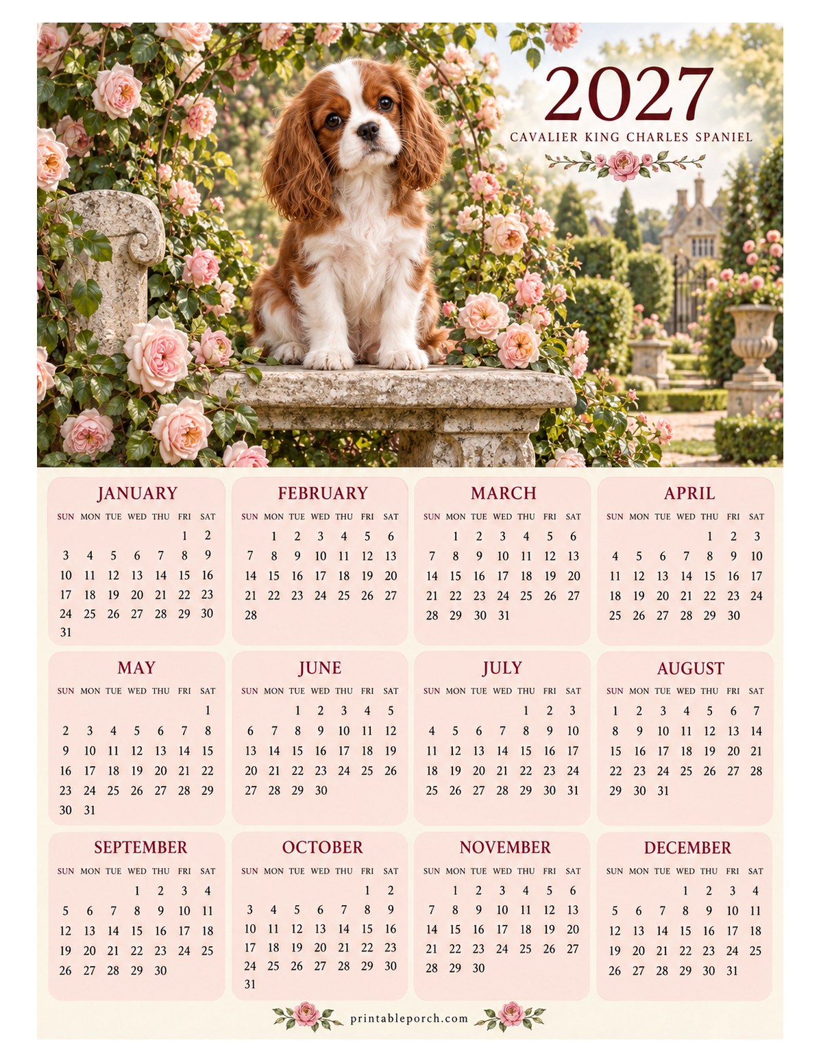 Pet 2027 Yearly Calendar - Rose Garden Cavalier