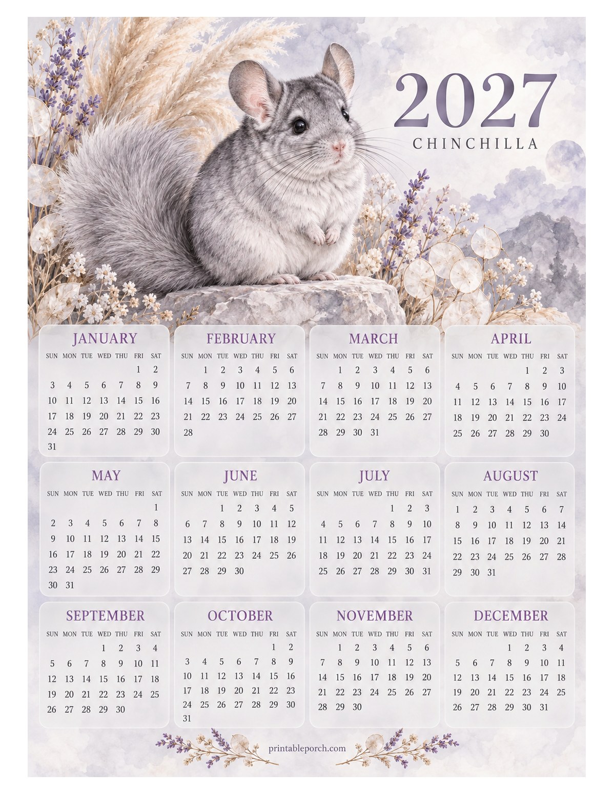 Pet 2027 Yearly Calendar - Lavender Chinchilla