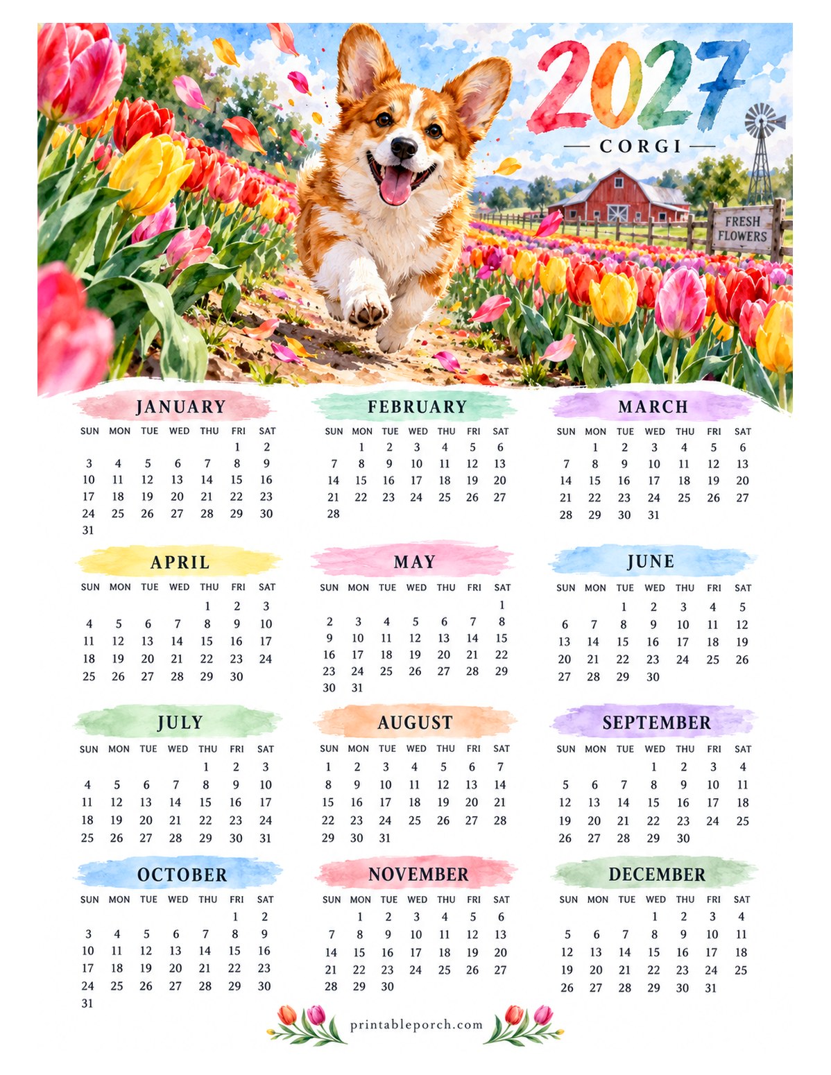 Pet 2027 Yearly Calendar - Tulip Field Corgi
