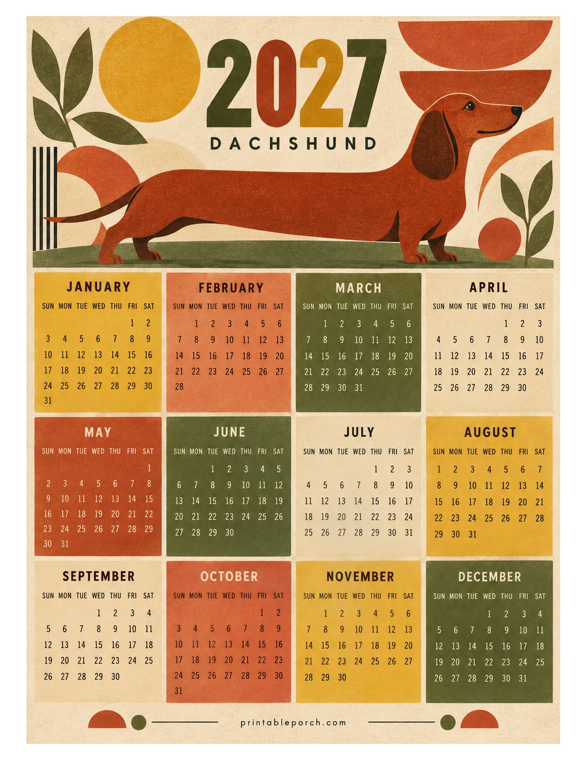 Pet 2027 Yearly Calendar - Mid-Century Dachshund