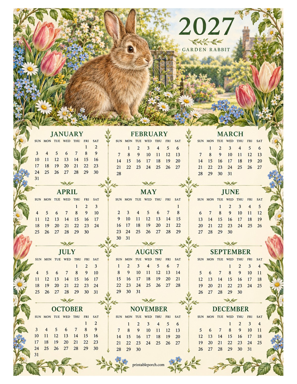 Pet 2027 Yearly Calendar - Garden Rabbit