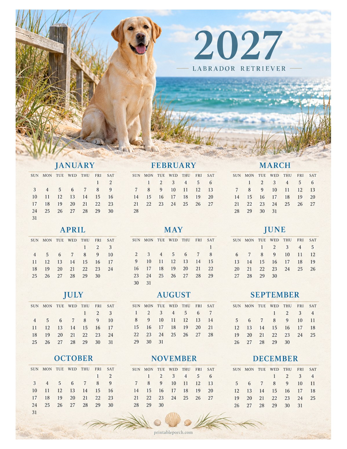 Pet 2027 Yearly Calendar - Beach Day Labrador