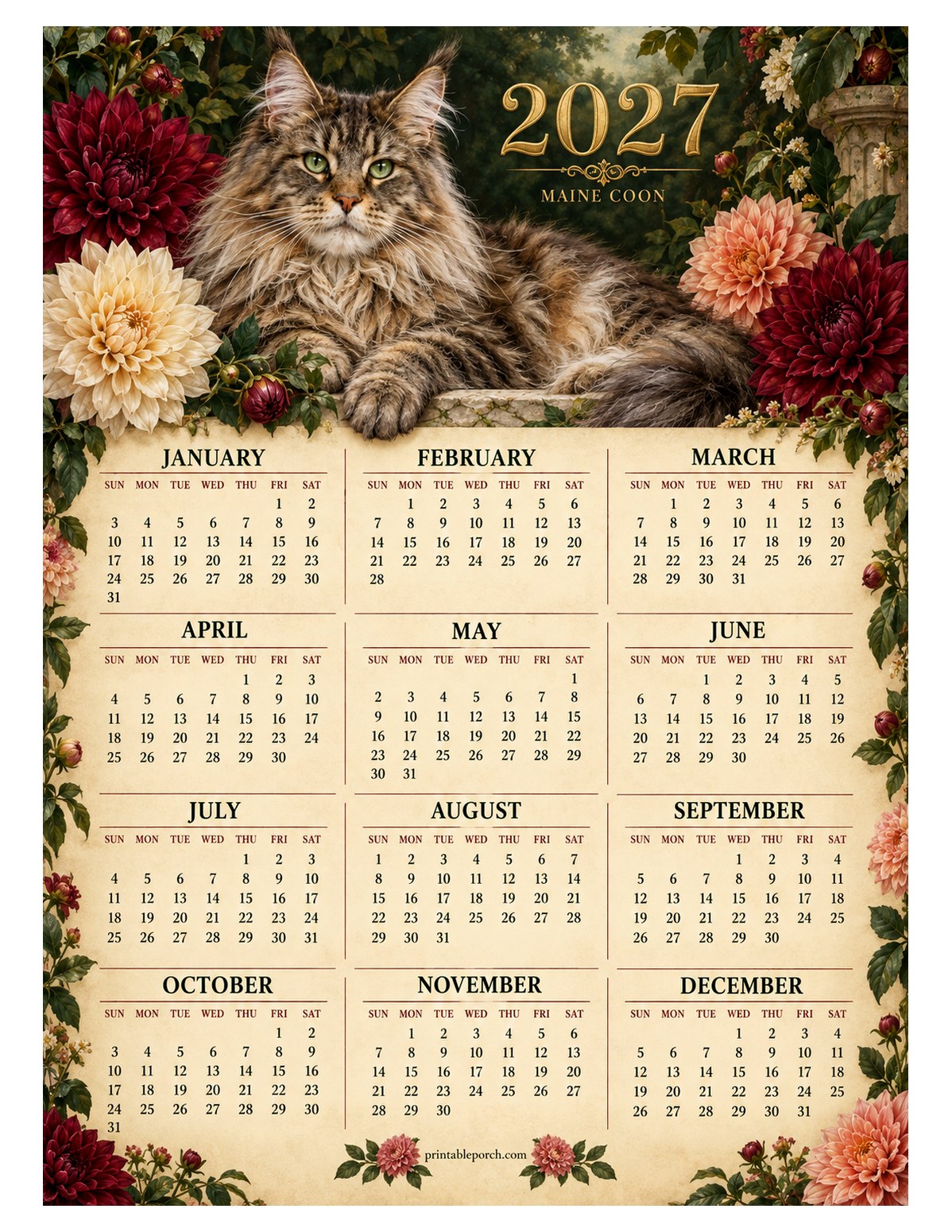 Pet 2027 Yearly Calendar - Dahlia Maine Coon