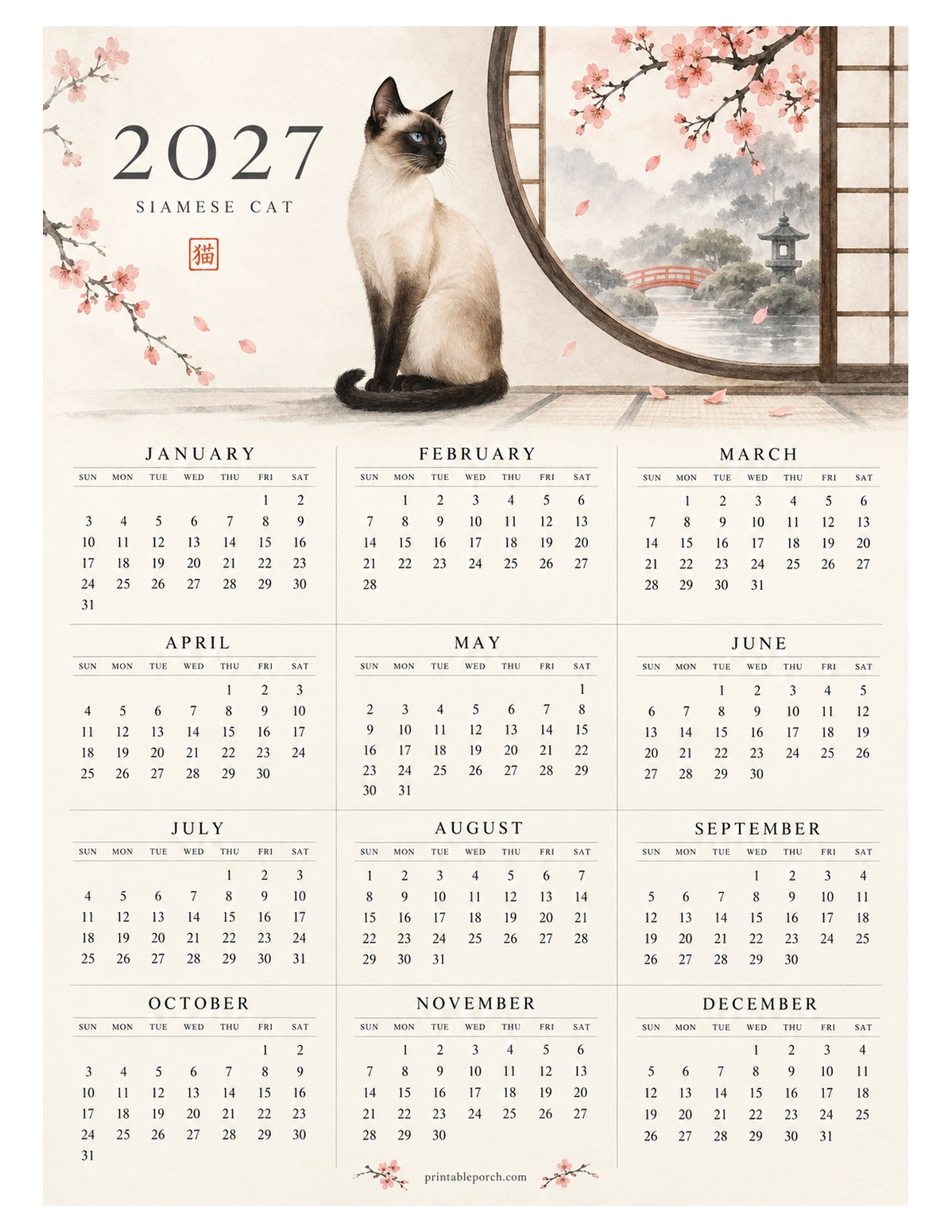 Pet 2027 Yearly Calendar - Cherry Blossom Siamese