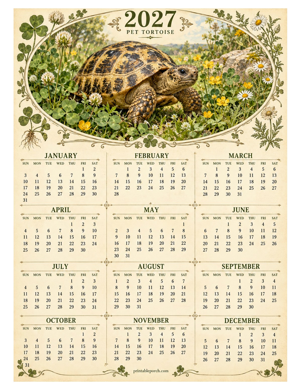 Pet 2027 Yearly Calendar - Clover Tortoise