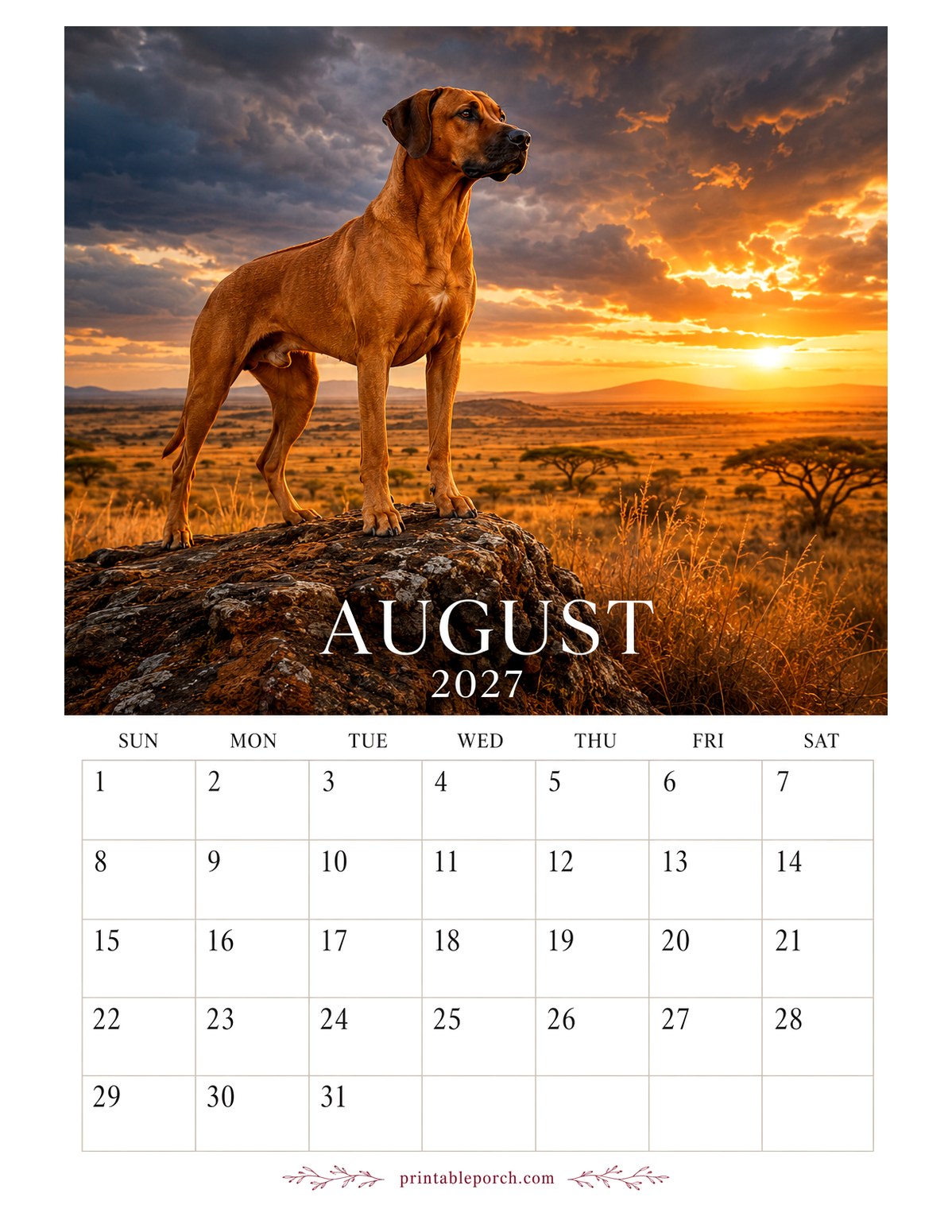 Photo Dogs August 2027 Calendar