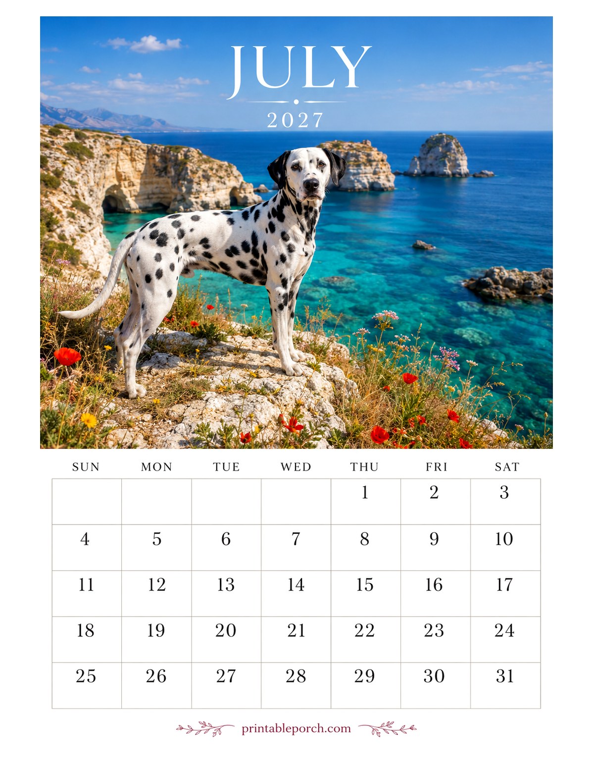 Photo Dogs July 2027 Calendar