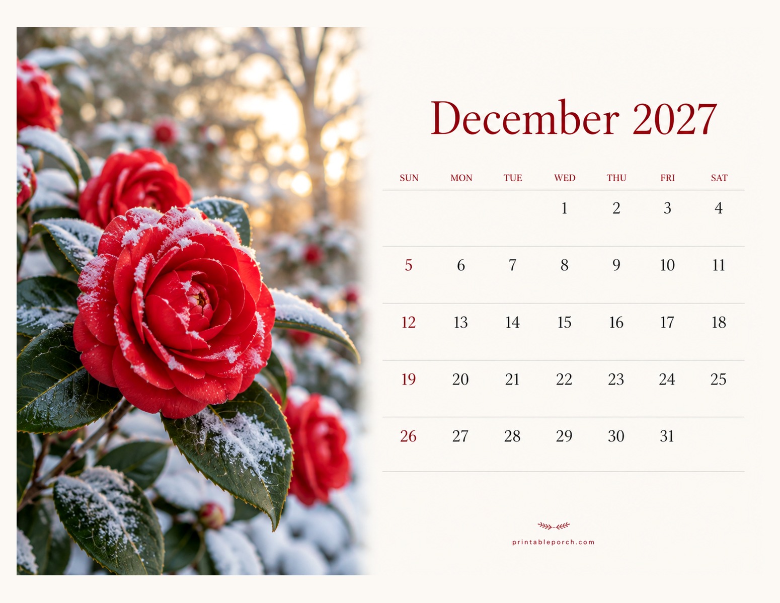 Photo Flowers December 2027 Calendar