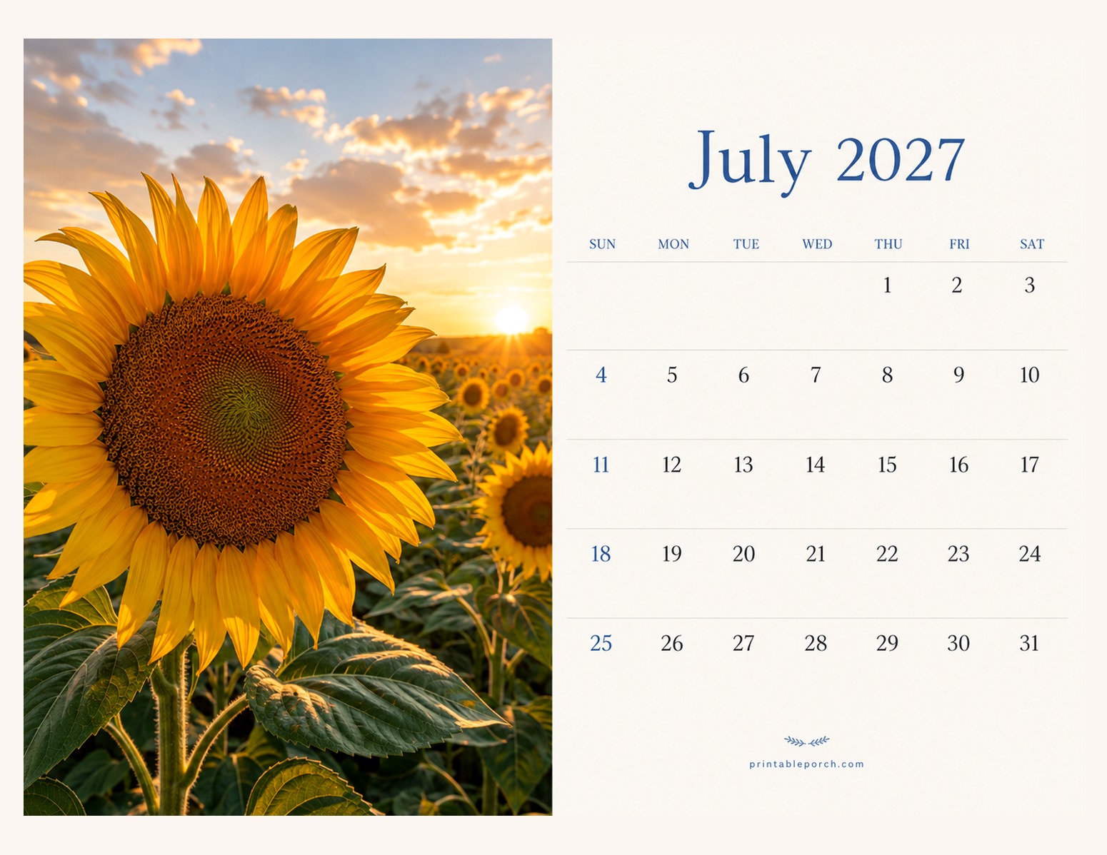 Photo Flowers July 2027 Calendar