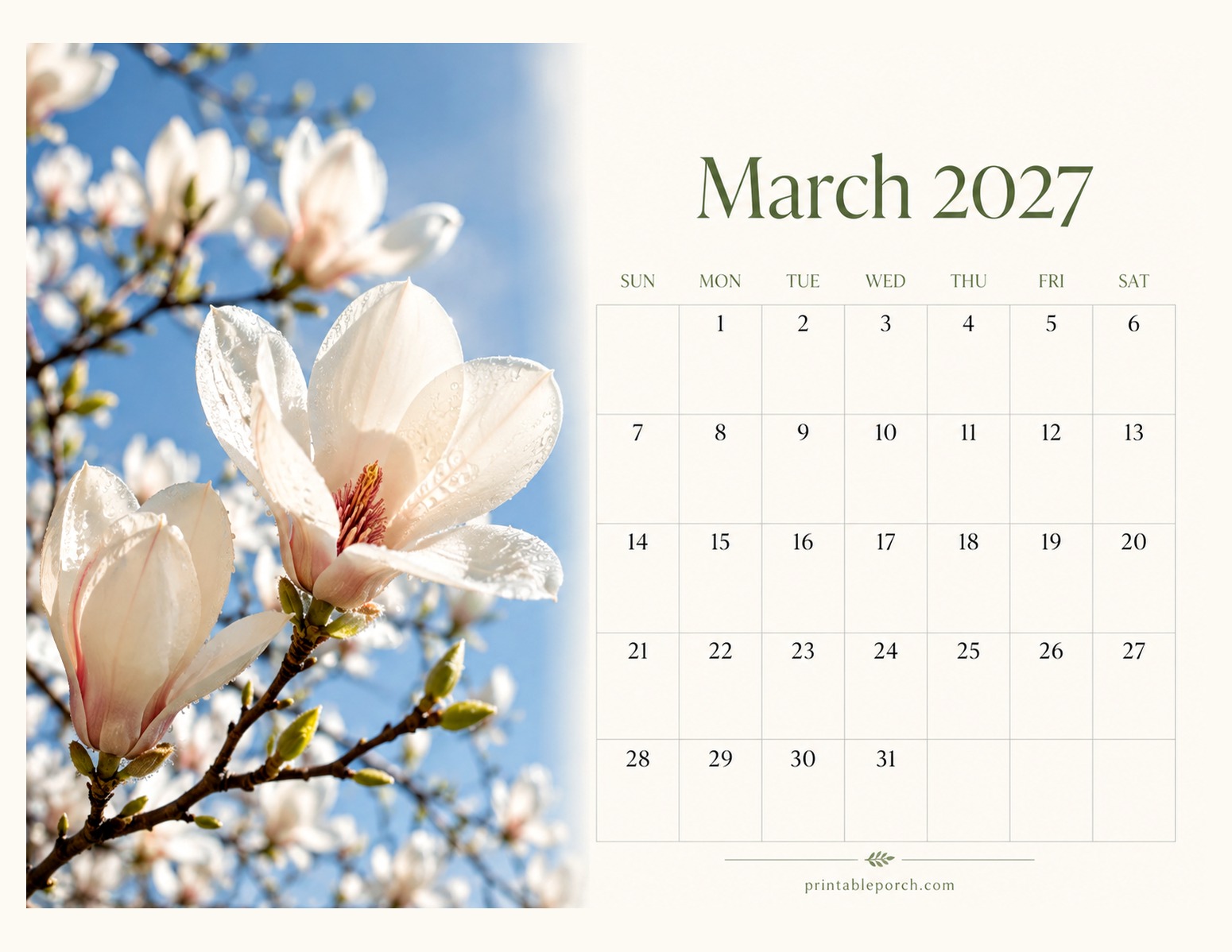 Photo Flowers March 2027 Calendar