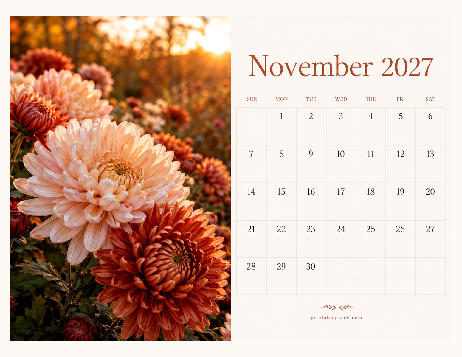 Photo Flowers November 2027 Calendar