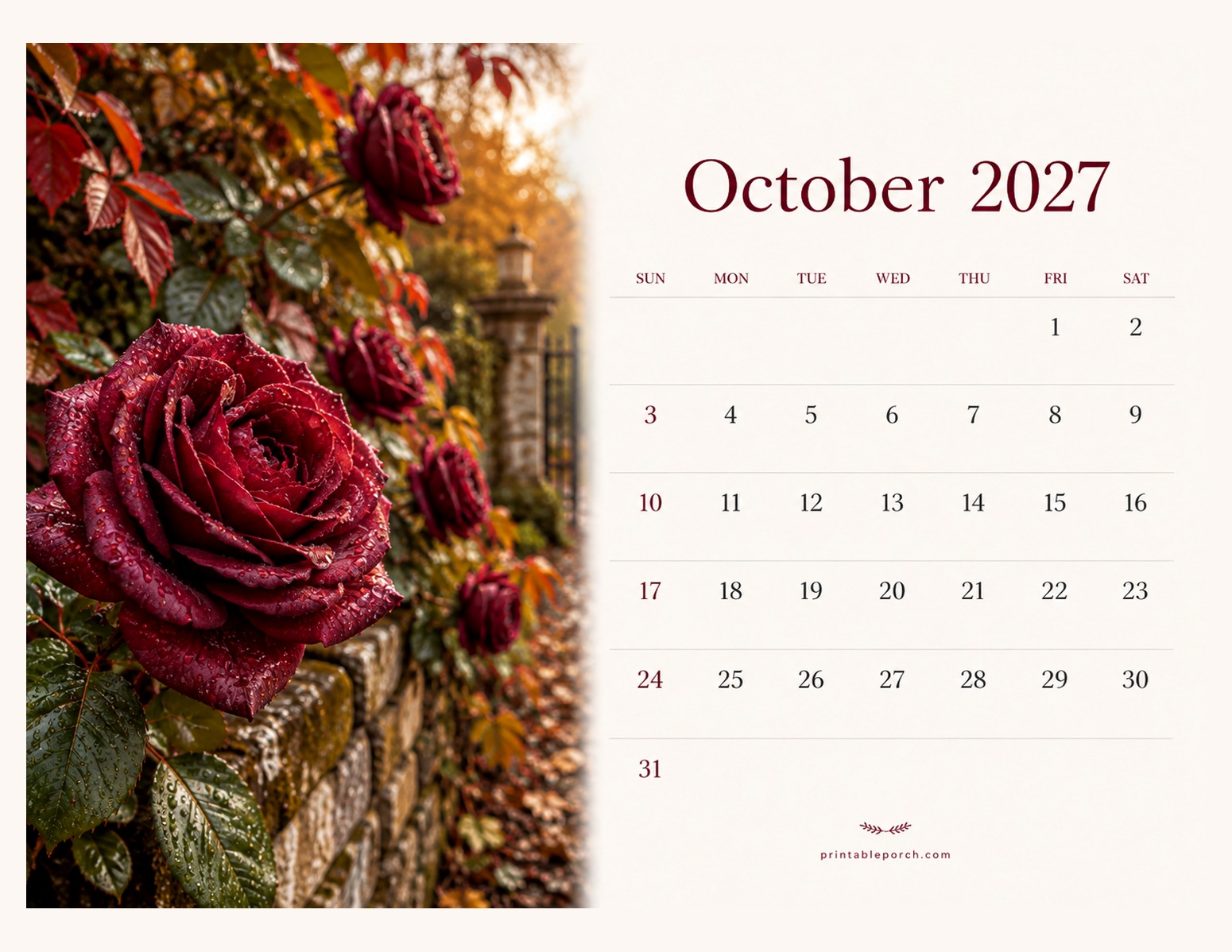 Photo Flowers October 2027 Calendar