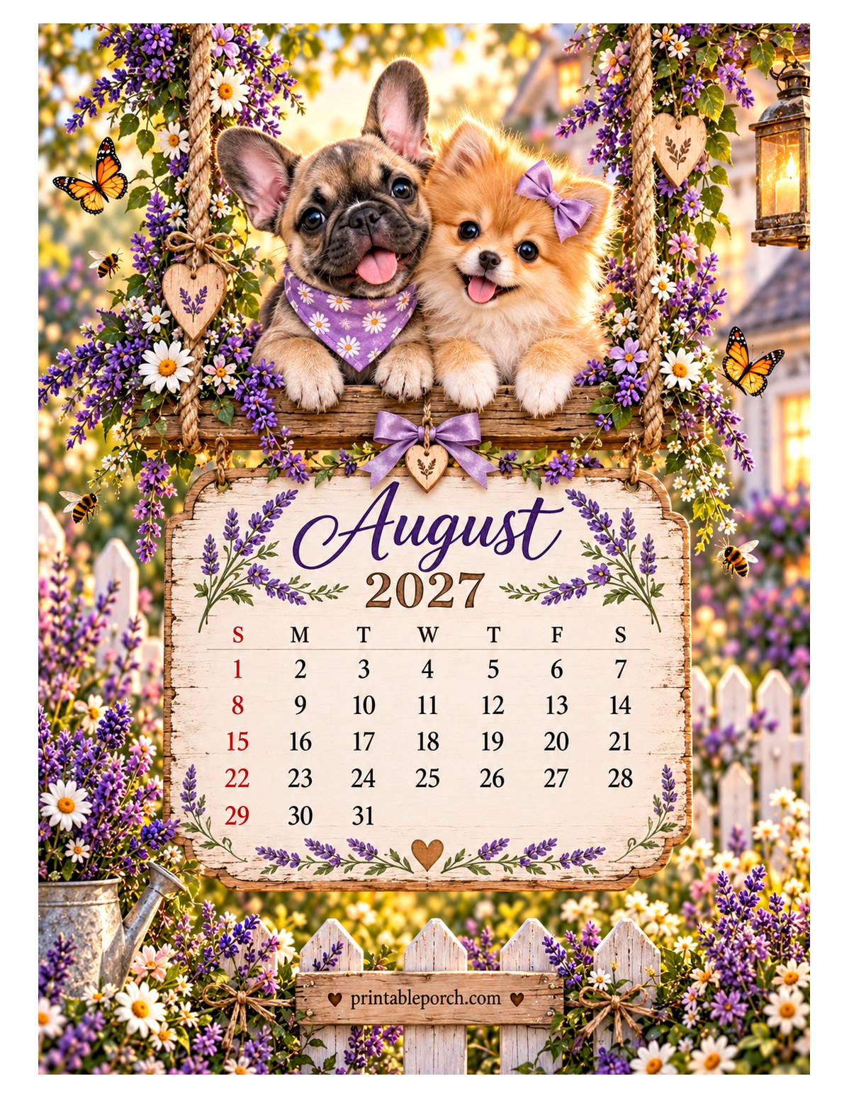 Puppies on the Swing August 2027 Calendar