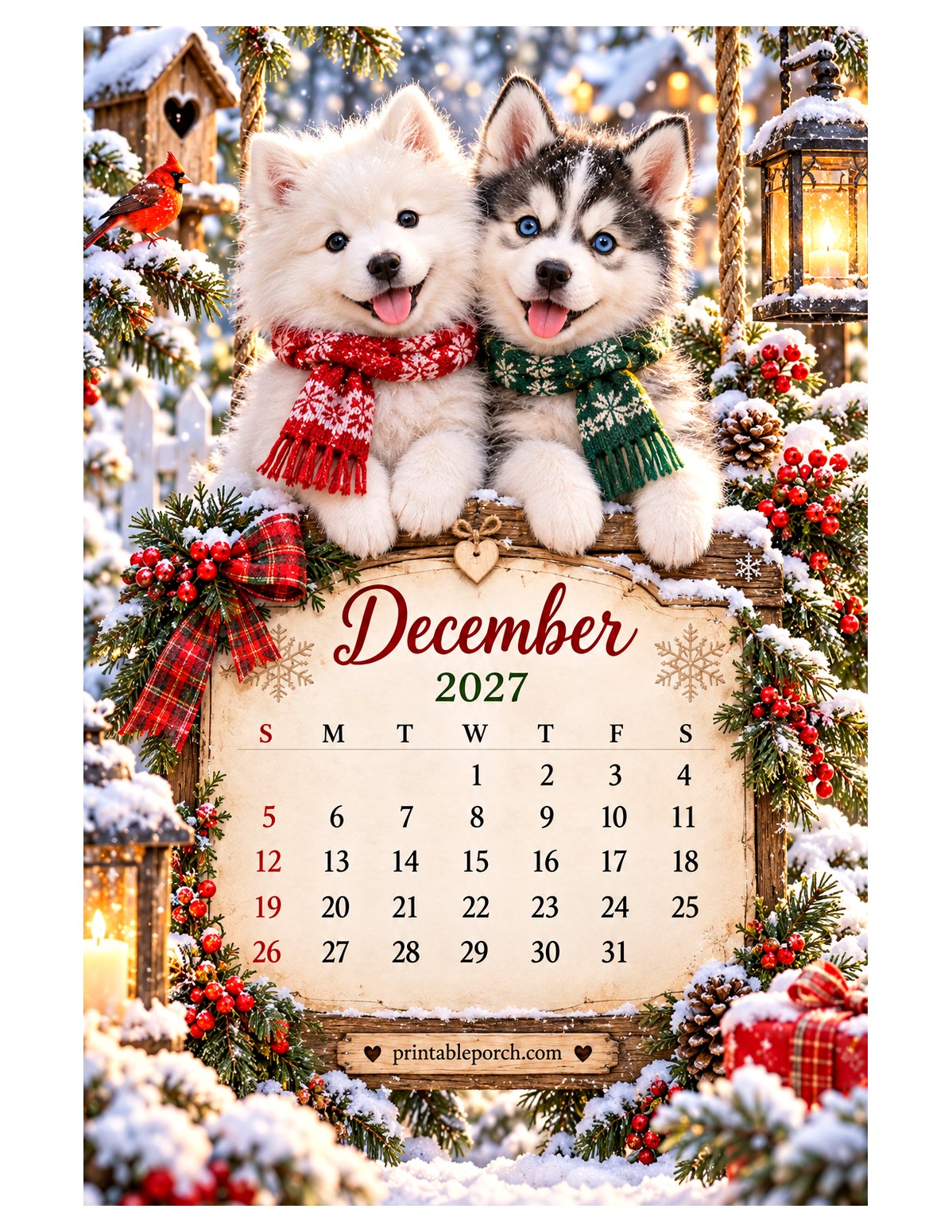 Puppies on the Swing December 2027 Calendar