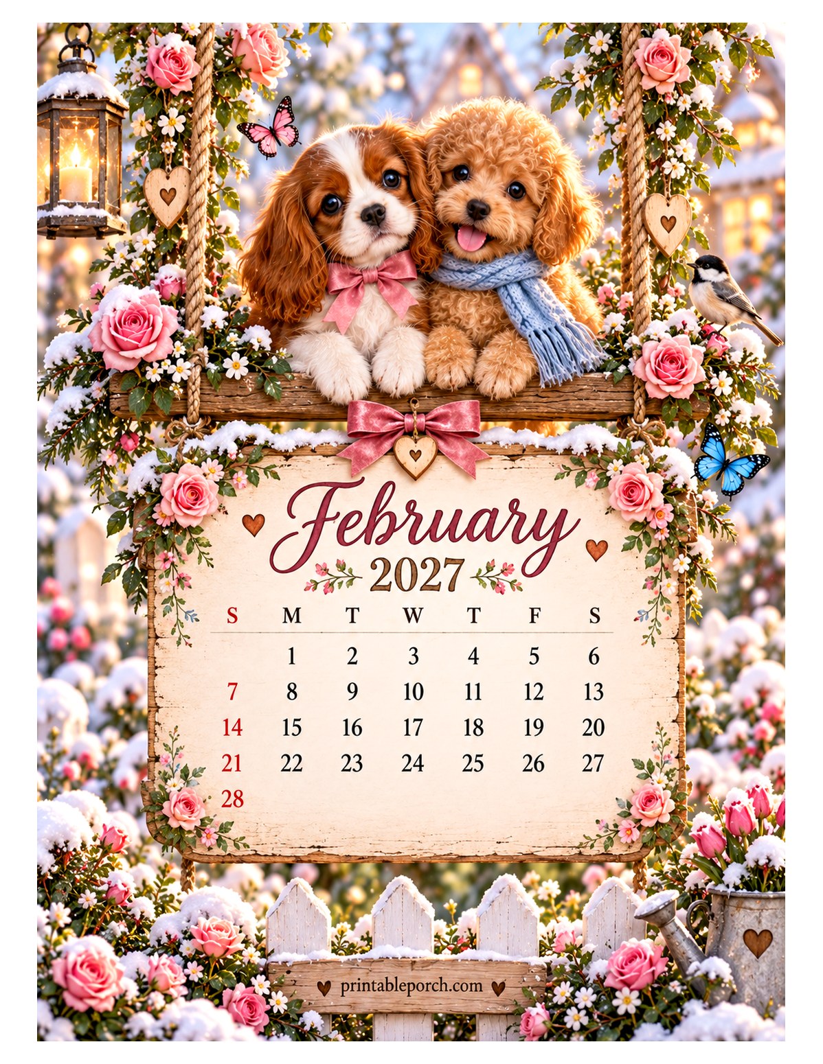 Puppies on the Swing February 2027 Calendar