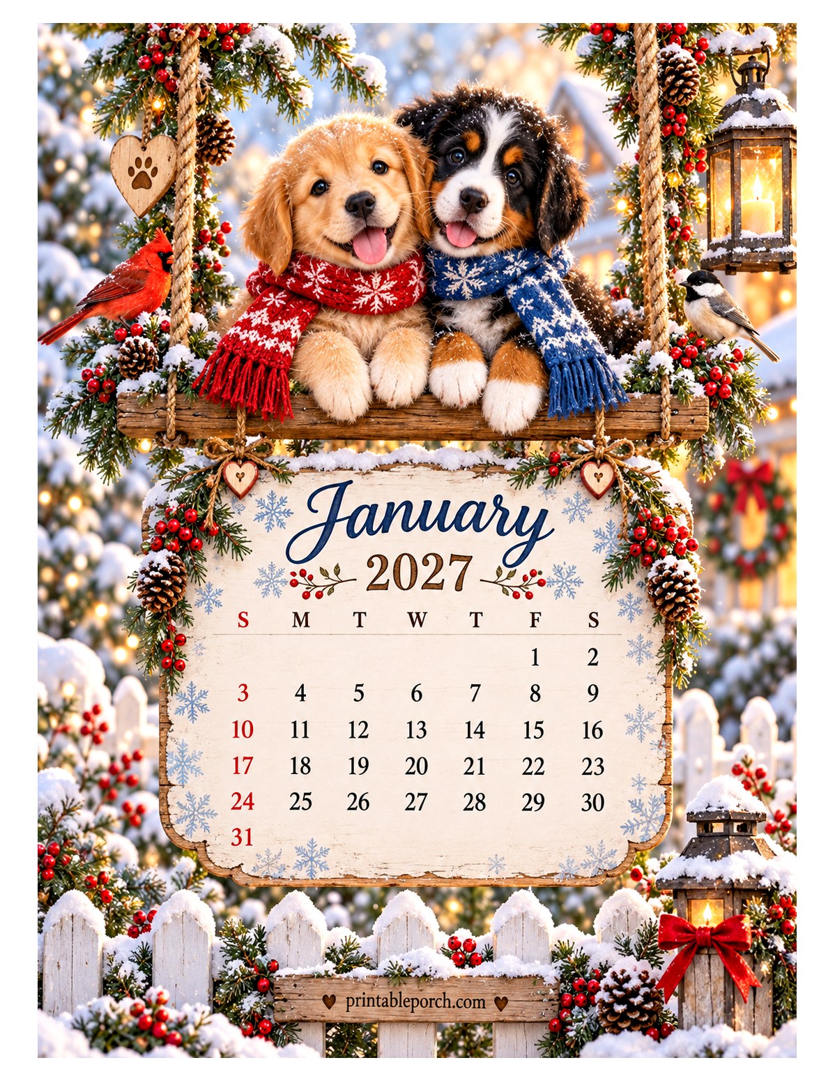 Puppies on the Swing January 2027 Calendar