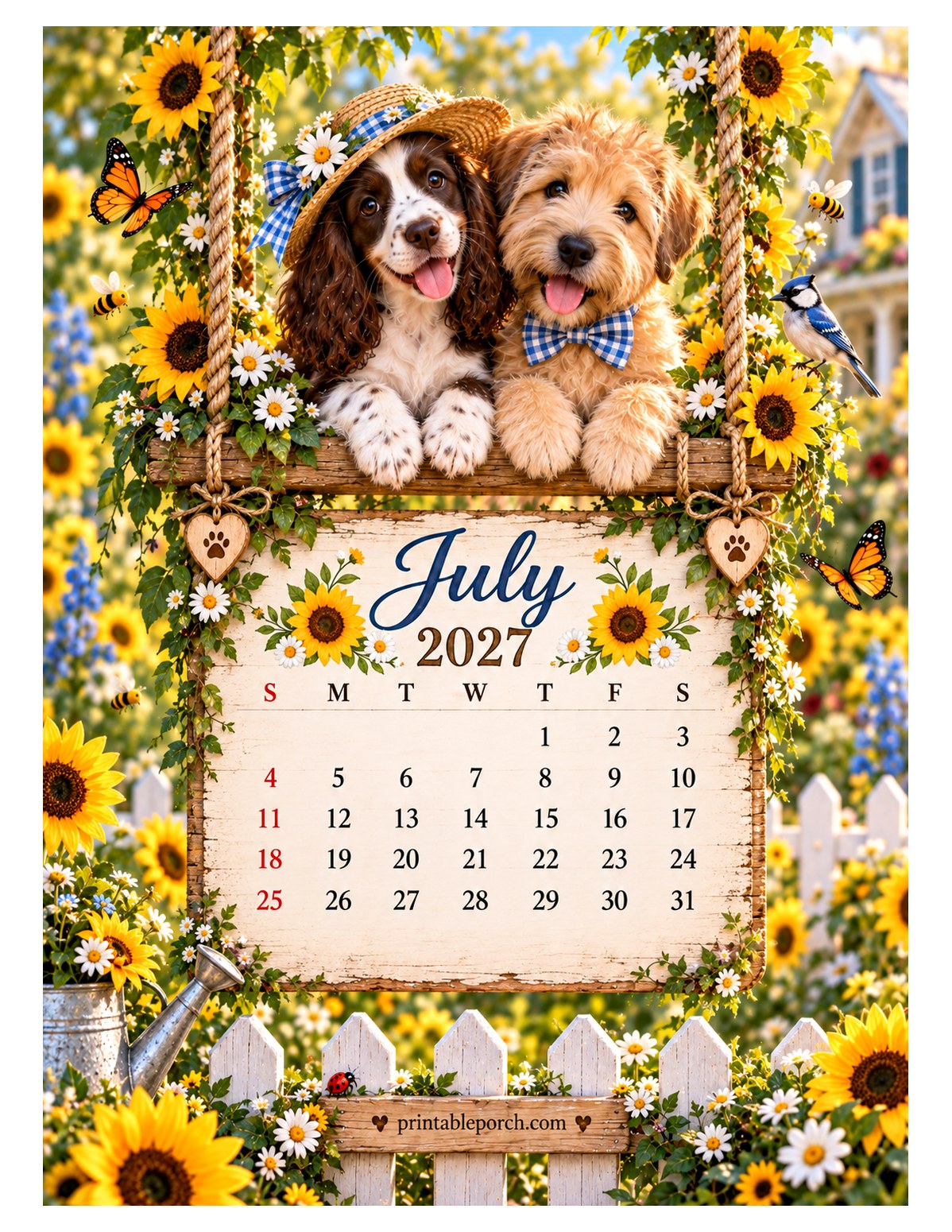 Puppies on the Swing July 2027 Calendar