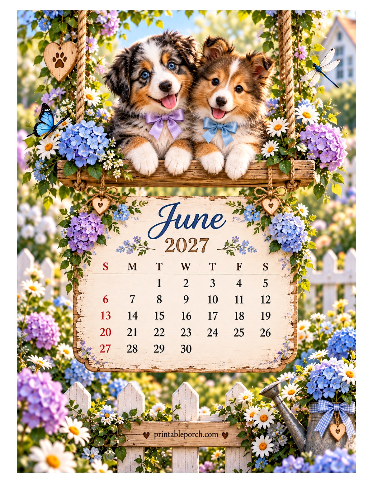 Puppies on the Swing June 2027 Calendar
