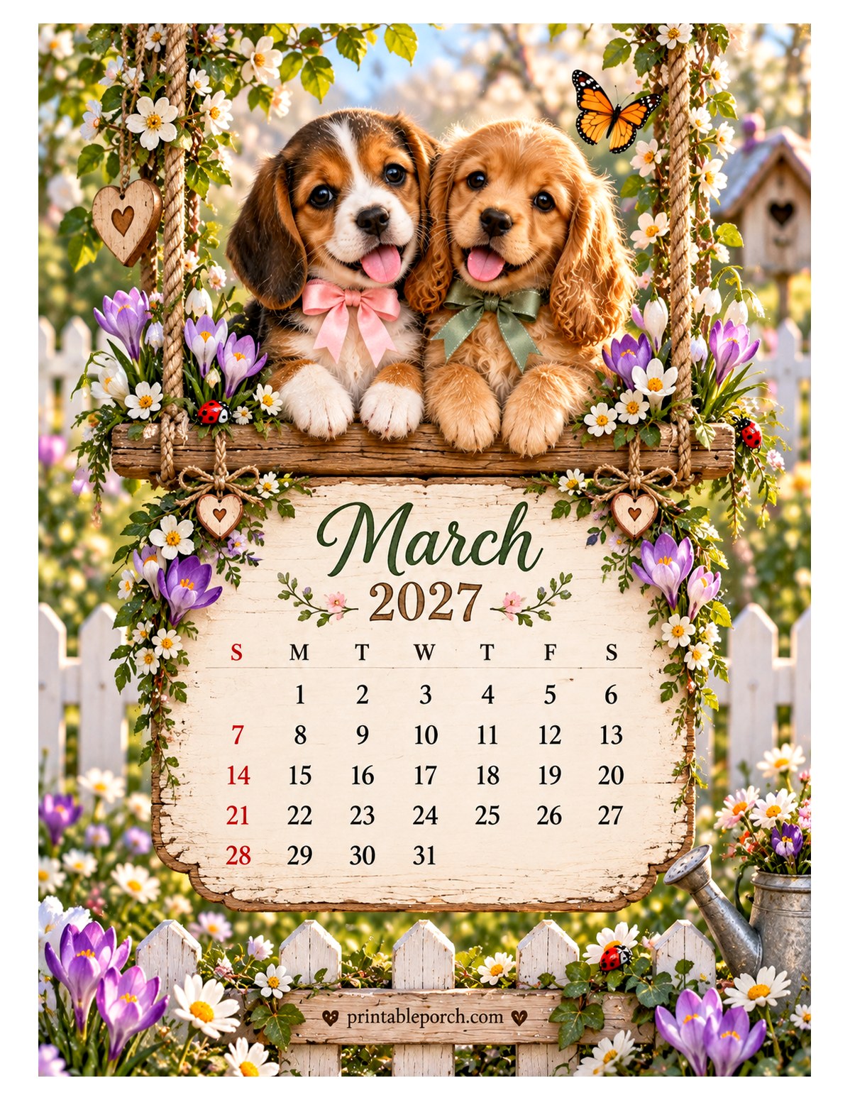 Puppies on the Swing March 2027 Calendar