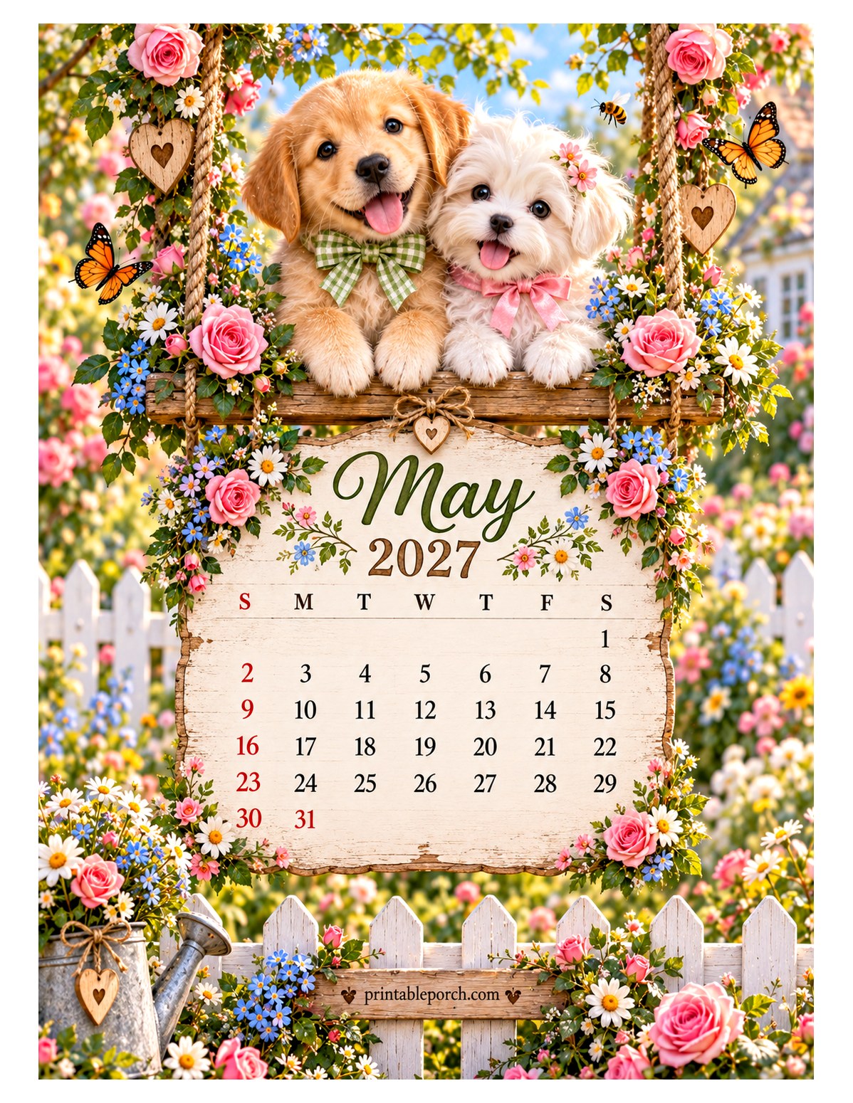 Puppies on the Swing May 2027 Calendar