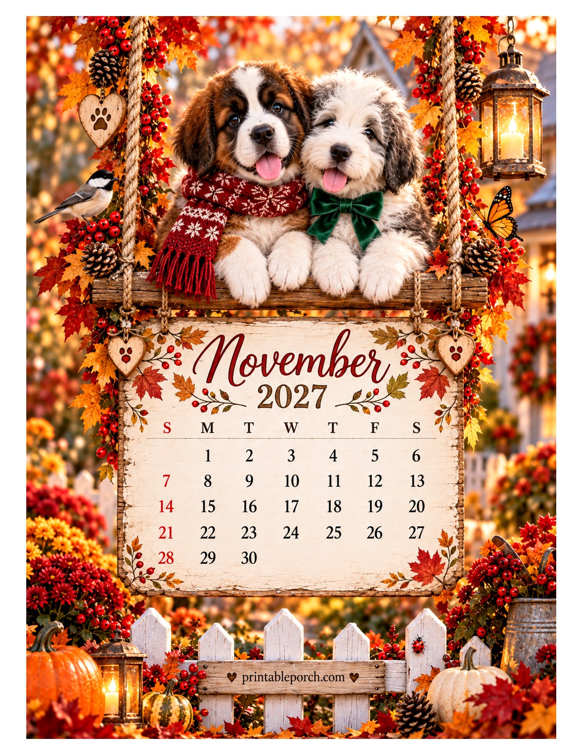 Puppies on the Swing November 2027 Calendar