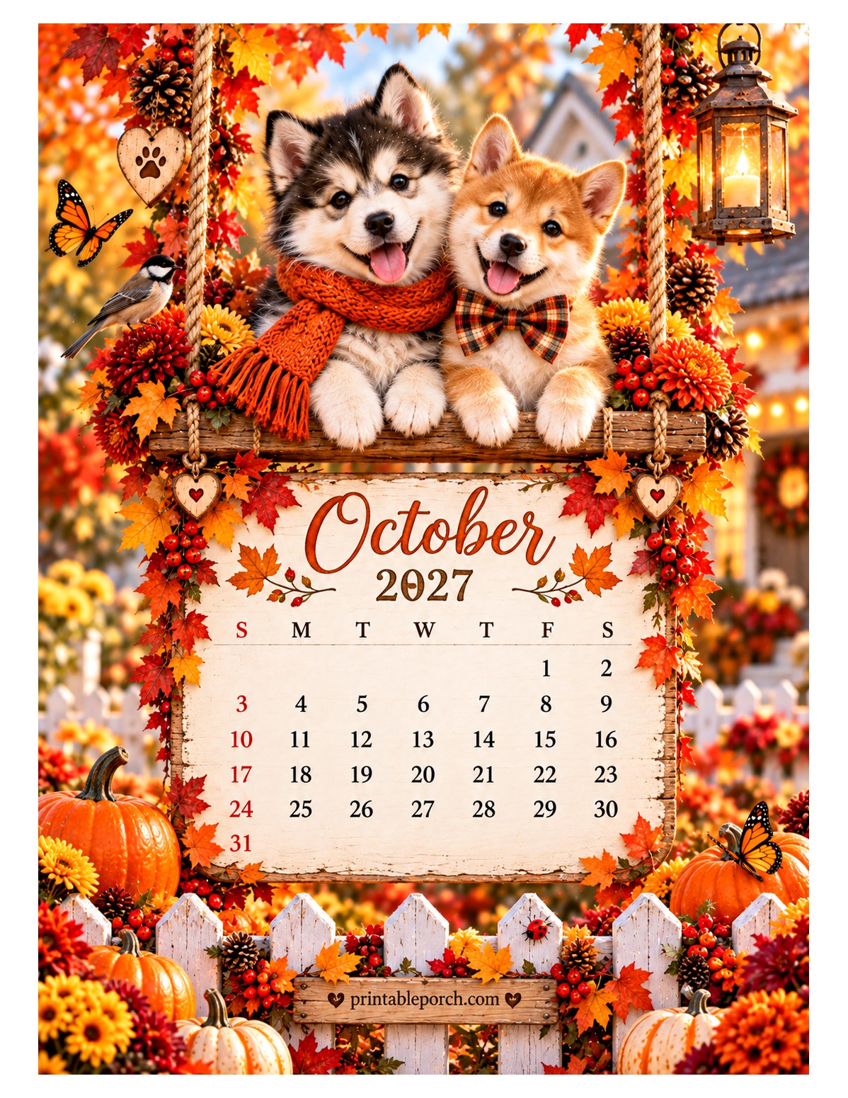 Puppies on the Swing October 2027 Calendar