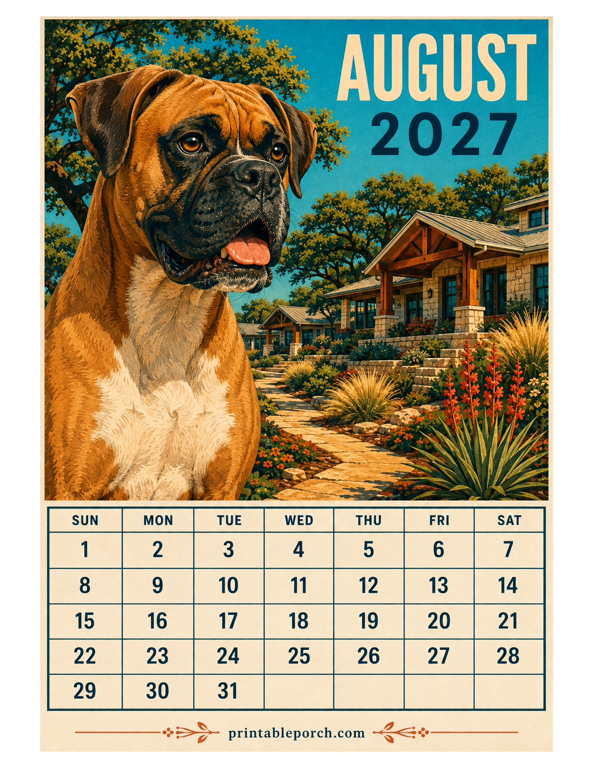 Retro Poster Dogs August 2027 Calendar