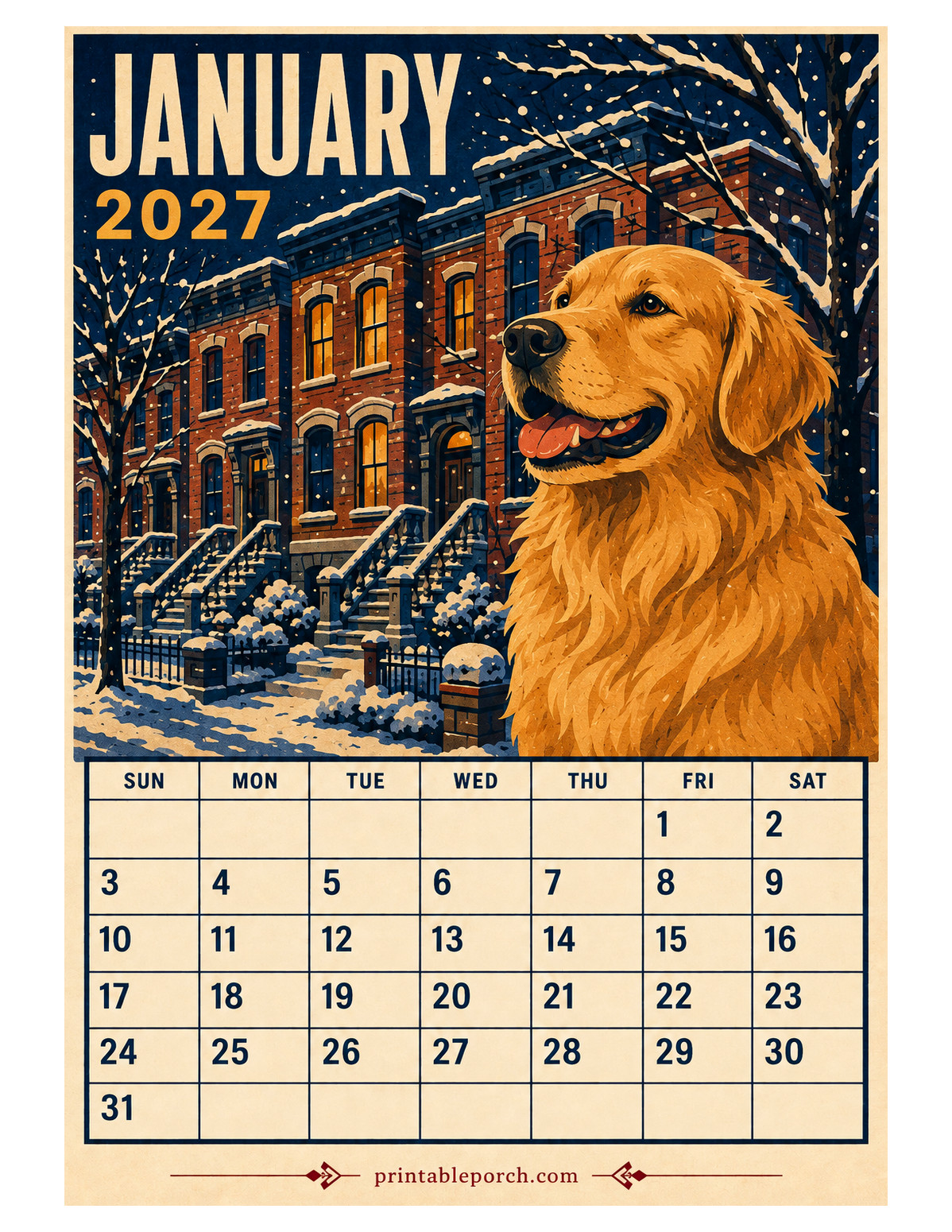 Retro Poster Dogs January 2027 Calendar