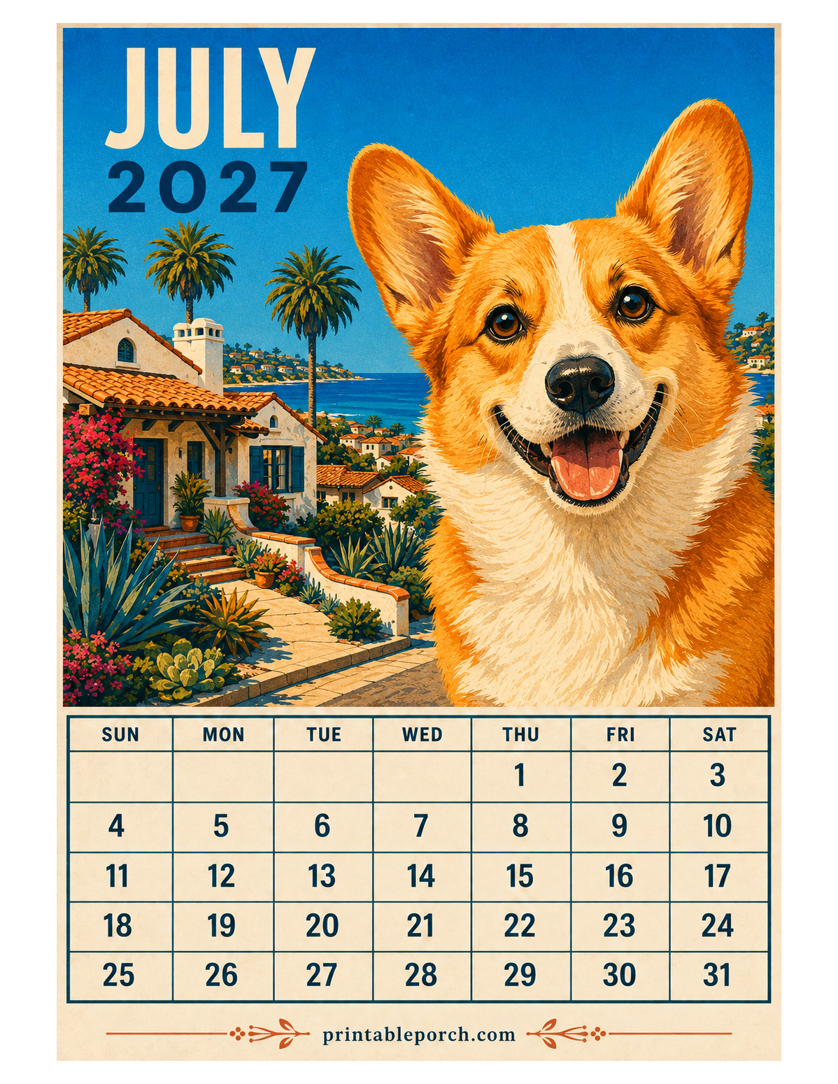 Retro Poster Dogs July 2027 Calendar