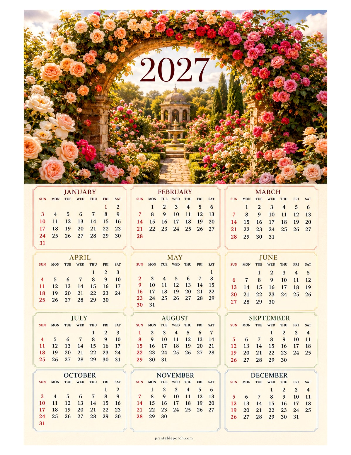 Rose 2027 Yearly Calendar - Garden Gate
